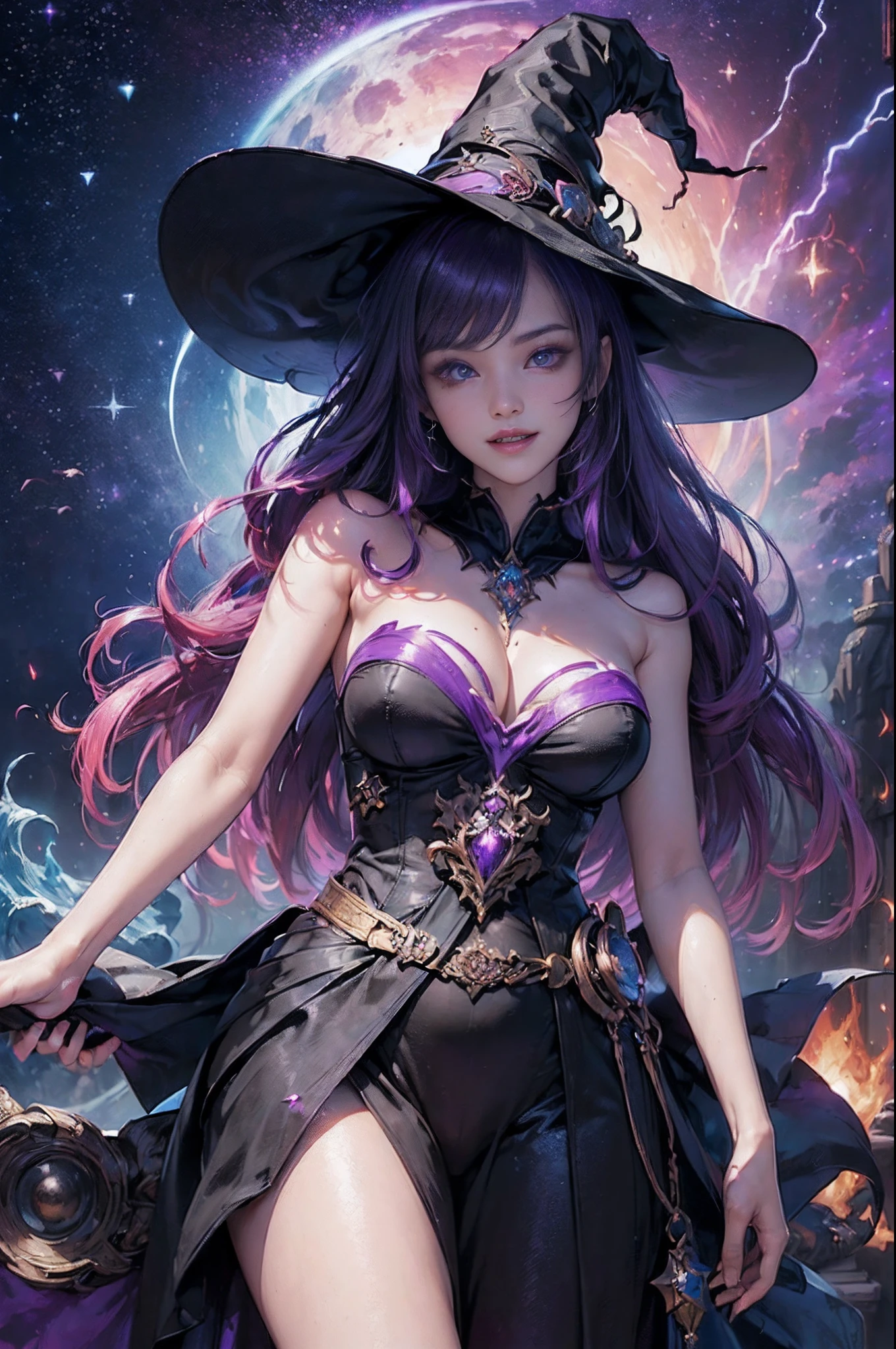 (Dynamic Posing:1.5), (Colorful:1.2), Dynamic Angle, (Highly detailed CG Unity 16K wallpaper:1.1), (Denoising strength: 1.45), (tmasterpiece:1.37), Beautiful cute gothic dark magical girl in witch style 17 years old, wearing witch hat, Her magic is dark, Glowing purple, Evil, smiling evil cute smile, Magical glowing aura, Powerful, Ultra Power, The power to shine, Magical powers, Cute white face, Purple and red glowing magic, (incredible details, Cinematic Ultra Wide Angle, Dark background, Depth of failure, Hyper Detailed, Insane details, High resolution, Incredible quality, dynamic shot, starrystarscloudcolorful, Ambilight, ultra-quality, (ultra detailed original illustration), double exposure, fussion of fluid abstract art, glitched, (original illustration composition), (maximalism artstyle, geometric artstyle, junk art), ((1girl in:1.4)), (very detailed beautiful face and eyes), eastern dragon, Floating Full Body, Hyper realistic, Cinematic lighting, Soft lighting, god rays, spark of light, masutepiece