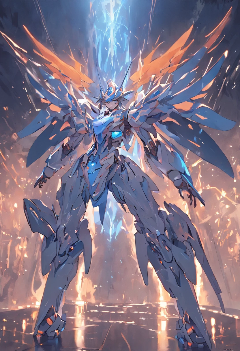 Scenes,The ratio of scenes to character screens is 3:1,tmasterpiece,Best quality at best,Exquisite,(Dynamic angles),floatking,(Detailed light),Dappled light and shadow,(城市,城市),(firing laser,offensive,Aim and shoot,emitting,Sparks abound,a sea of fire,Flames everywhere),large tall,shock,Spectacular,the detail,Mecha parts,Important parts,high detal,exquisitedetails,Delicate parts,giant mecha,((Mecha mask,Blue-headed structure,The helmet is T-shaped,Emits blue light,Crusu,in mecha style)),(Single mech),((Blue and white,Blue-white body,There are a large number of mechanical parts in the waist,Complexity)),Blue-white legs,Mechanical wings,((heavy metal style,Cyber friend style,Futuristic,A sense of shock,mechs)),(massiness,mega,heaviness)