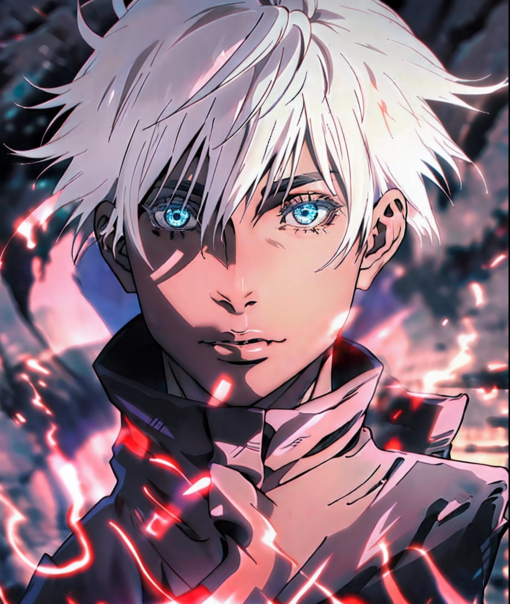 (Satoru gojo),obra maestra, mejor calidad, ultra detallado, absurdos, colorido, 1hombre, solo, (solid blue eyes: 1.0), (cabello blanco, cabello sobre un ojo), ojos detallados, ojos muy abiertos, lashes, (parte superior del cuerpo: 0.8), vista lateral, ojos brillantes, cabeza inclinada, noche, traje negro, horror, oscuro, fondo negro, mirando al espectador, alto contraste, Contre-Jour, (de pie: 0.8), aura, fondo fractal, caothic, espiral, cuernos de demonio, energy, mosaico, infierno,pose dinamica,Neckerchief,enfadado,mirada,particulas,luminoso,(ojos brillantes ultradetallados),poderes