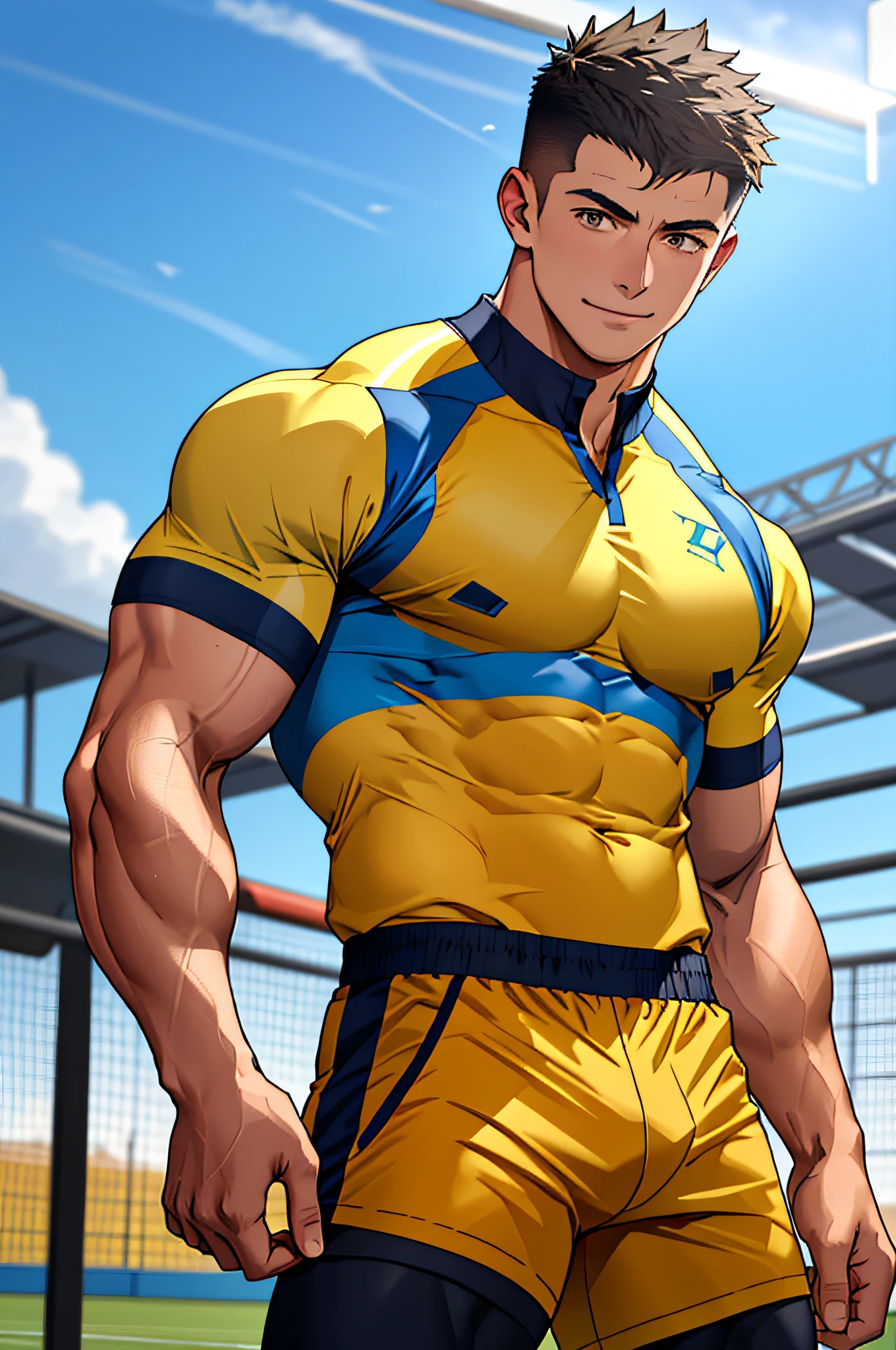 score_9, score_8_up, score_7_up, rating_explicit, source_anime, blue uniform, Crouching, butt, Torn jumpsuit, man, nipple navel, torn, low angle, Front view, abs, yaoi, male focus
