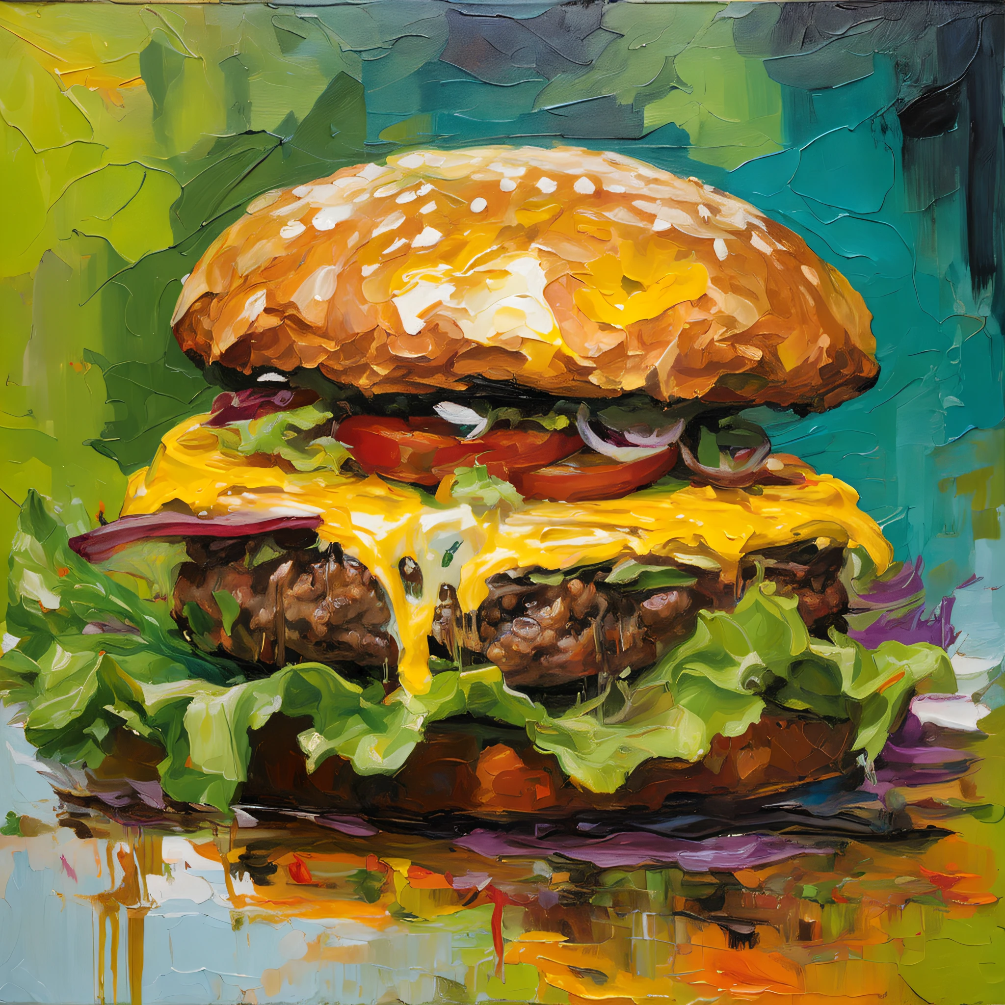 ((A huge hamburger with multiple layers of patties sandwiched between them, cheese melted and dripping, and fresh lettuce sandwiched between them is expressed in an oil painting with a dynamic and colorful touch in the style of Van Gogh.)):1.9