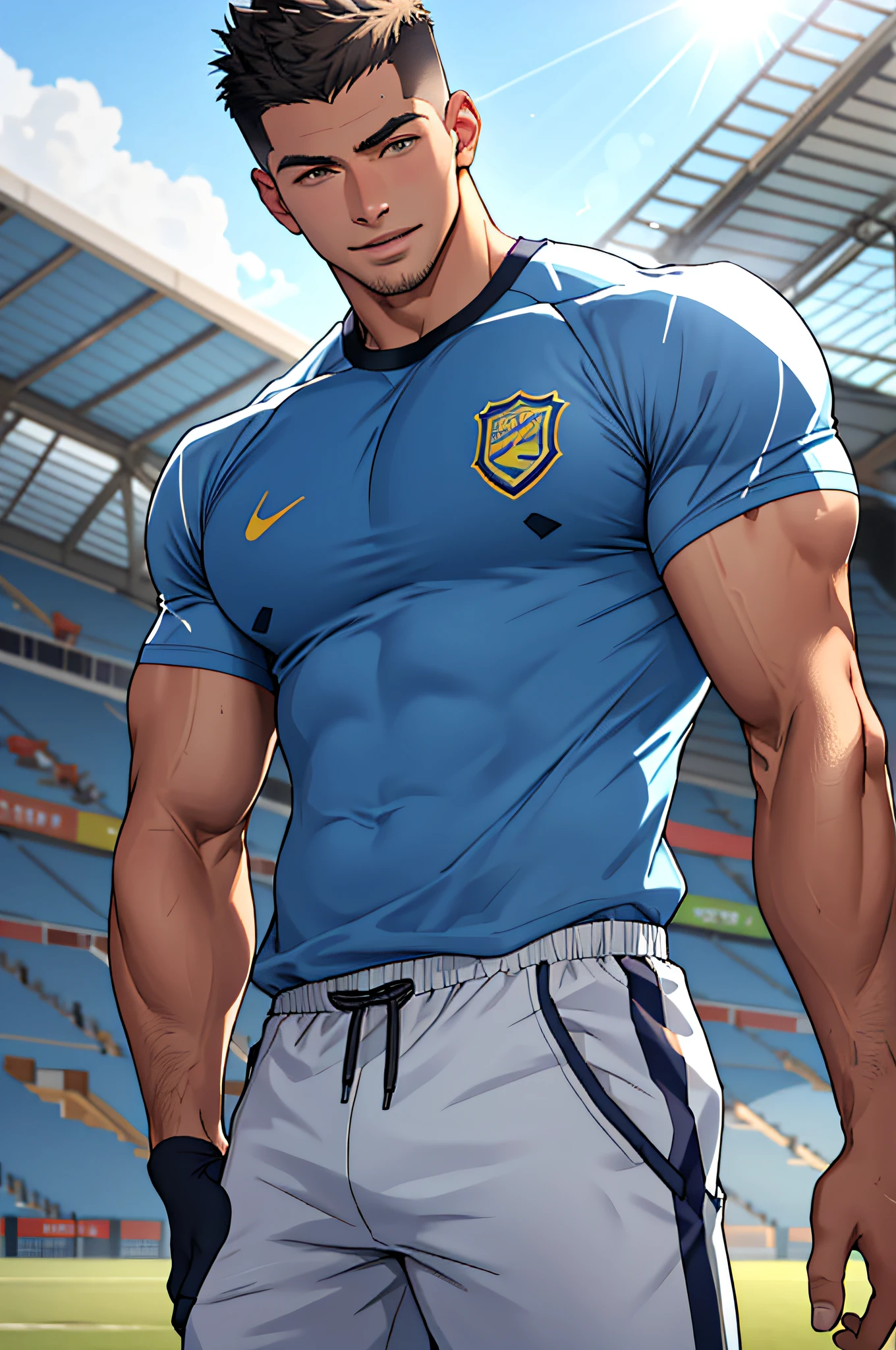 Draw a full-fledged athlete，Stand on the central field of the gym，He wears high-end sportswear，The man looks confident and determined，rays of sunshine，cheerful big breasts，Handsome，Crew cut，full bodyesbian，shooting from below，
