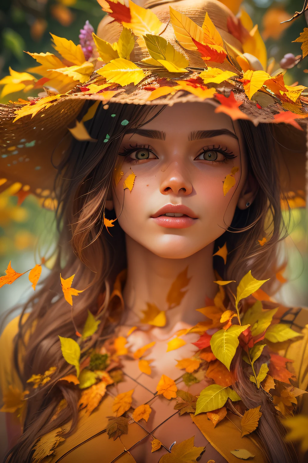 Original digital portrait, Conceptualism, visual art, Portraiture, beautiody, Fantasy, a closeup of a , Beautiful Lady Autumn, in an unusual hat made of yellow leaves and autumn flowers, Mosaic effect, Oil painting with the effect of broken glass, paint splatter, drips, Bright, Colorful, Orange, Yellow, Ochre, 32k, 3D render, style of: artstation, art botanical, hd, 5d rendering, ray tracing, cgi, unreal engine 5, 64k