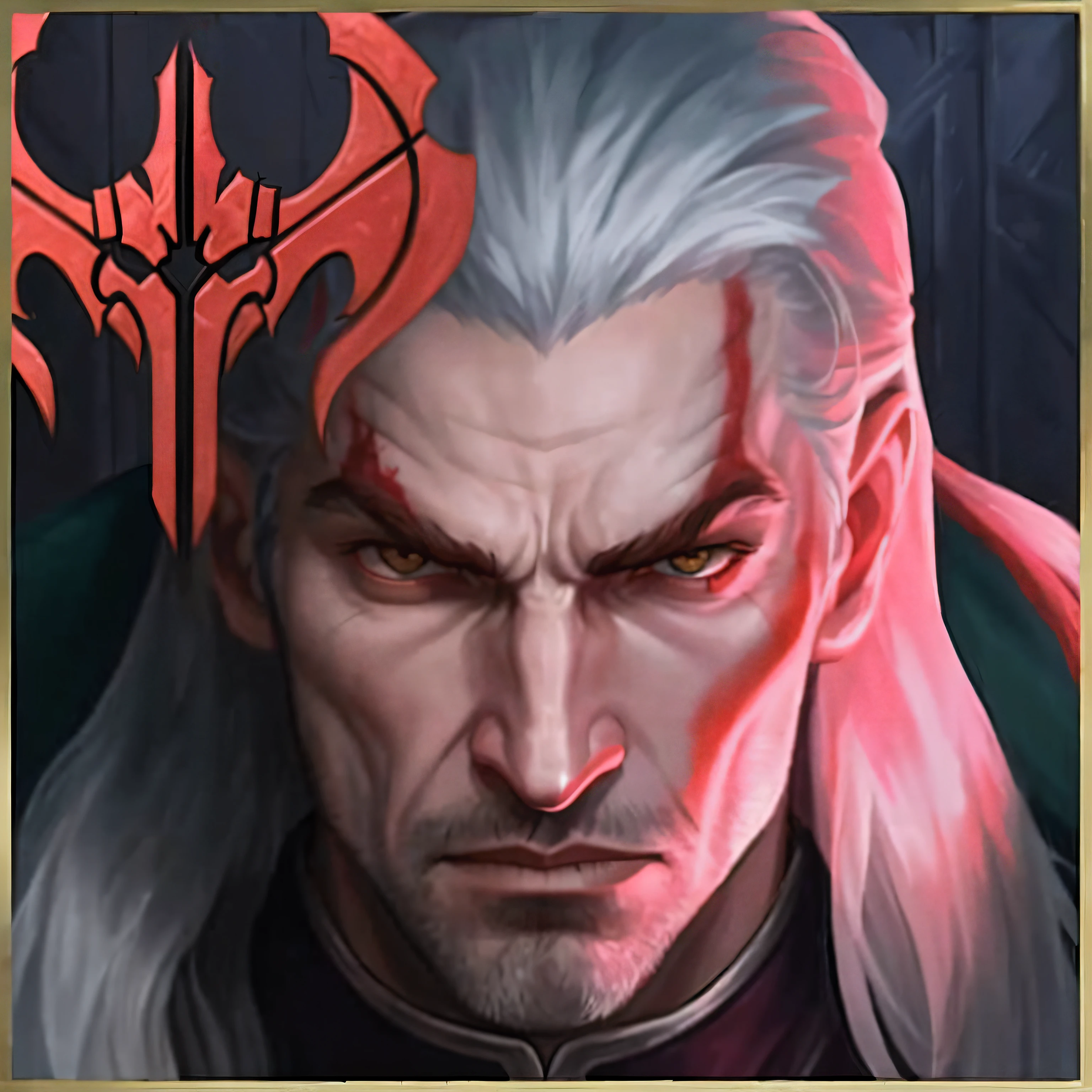 Close-up of a man with long hair and a red face, Silas, male vampire of clan banu haqim, portrait of geralt of rivia, sakimi, son of sparda, vampire of clan lasombra, vigo the carpathian, character icon, portrait of drizzt do'urden, Alukad