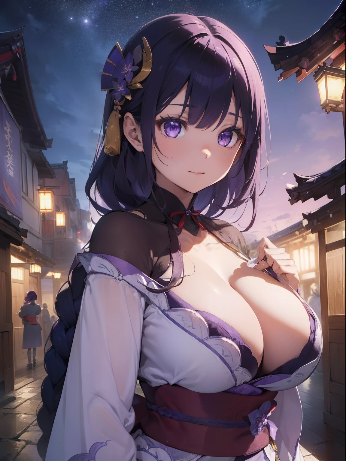 (Illustrations super fines:1.2),(masutepiece, 8k), (Best quality, High quality:1.4),(Masterpiece), Ultra - detailed, Ultra - detailed,Background to the masterpiece,beautiful detailed background, V8k wallpapers(Nuit:1.2),(dehors), (very detailed background), Purple lightning, meilleur_quality, 1 fille, ,beau_et_aesthetics:1.2), (1 femme:1.3), (fractale_art:1.3), (huge breasts), luz_reflection, (1 femme, Raiden Shogun,Raïdenshogundef, cheveux violets, ornements de cheveux, cheveux longs, braided ponytail, (((brassard, Purple Japanese clothing, manches larges, manches longues, cuisses, Kimono violet))), 1fille, seulement, (24 ans:1.5),beau doigt,Belles jambes longues,beau corps,Beau nez, Des yeux parfaits, visage parfait,(Beautiful detailed purple eyes),((femelle mature:1.1)),((MILF:1.1)), ((Huge massive breasts)), ((larges hanches)), ((bimbo)), Raiden Shogun, cheveux violets, yeux violets, Des yeux brillants, Electric violet particles, cheveux longs, Elegant beautiful hands, jambes nues, cuisses parfaites, kimono, view from below, corps entier, (summon an electric katana between her breasts), Breaks an electric katana from his chest, Cheveux publics, debout, Night background, Background to the Inazuma Temple,