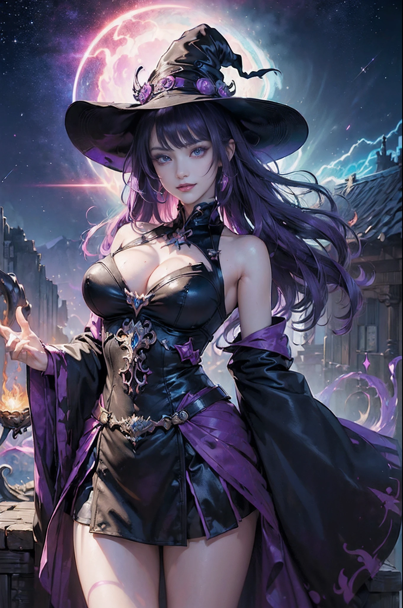 (Dynamic Posing:1.5), (Colorful:1.2), Dynamic Angle, (Highly detailed CG Unity 16K wallpaper:1.1), (Denoising strength: 1.45), (tmasterpiece:1.37), Beautiful cute gothic dark magical girl in witch style , wearing witch hat, Her magic is dark, Glowing purple, Evil, smiling evil cute smile, Magical glowing aura, Powerful, Ultra Power, The power to shine, Magical powers, Cute white face, Purple and red glowing magic, (incredible details, Cinematic Ultra Wide Angle, Dark background, Depth of failure, Hyper Detailed, Insane details, High resolution, Incredible quality, dynamic shot, starrystarscloudcolorful, Ambilight, ultra-quality, (ultra detailed original illustration), double exposure, fussion of fluid abstract art, glitched, (original illustration composition), (maximalism artstyle, geometric artstyle, junk art), ((1girl in:1.4)), (very detailed beautiful face and eyes), eastern dragon, Floating Full Body, Hyper realistic, Cinematic lighting, Soft lighting, god rays, spark of light, masutepiece