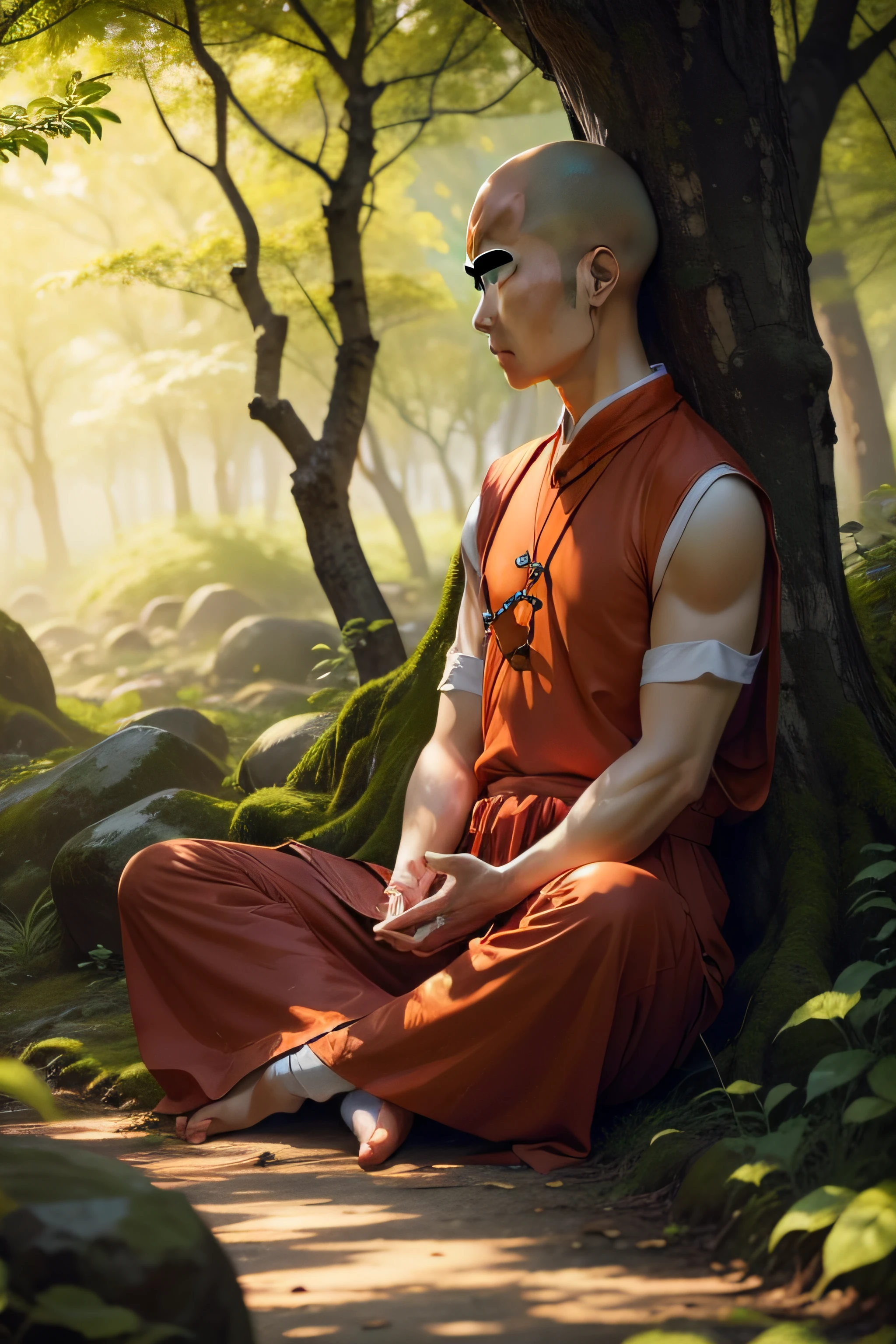Muscular bald Asian monk sits cross-legged in an patch of flowers with his eyes closed in deep meditation wearing a hood and cape, his stoic expression remains unbroken, (extremely detailed CG), ((Realistic Shadows:1.2)), ((Realistic Lighting:1.1)), [Highest quality], (8K:1.1), ultra-detailed, ((perfect shadows)), best illumination, best shading, (masterpiece), (best quality:1.0), (ultra highres:1.0), well drawn body, (subject in focal point)