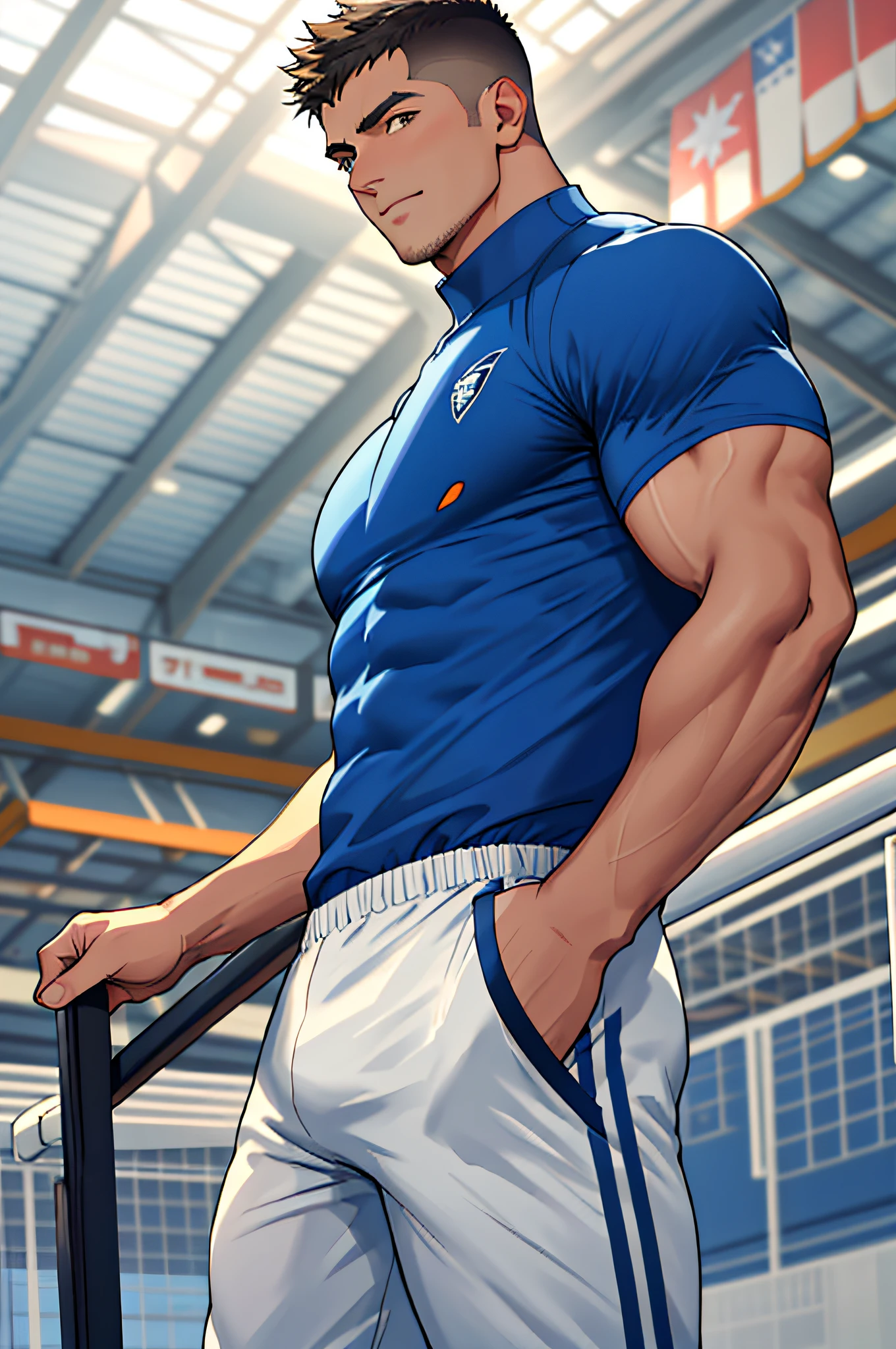 Draw a full-fledged athlete，Stand on the central field of the gym，He wears high-end sportswear，The man looks confident and determined，rays of sunshine，cheerful big breasts，Handsome，Crew cut，full bodyesbian，shooting from below，