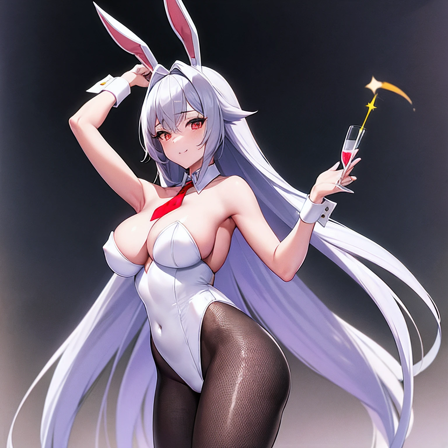 1girl, solo, yellow eyes, playboy bunny, animal ears, leotard, rabbit ears, red eyes, medium hair, pantyhose, ?????????????, white leotard, cleavage, grey hair, fishnets, wrist cuffs, strapless, looking at viewer, detached collar, strapless leotard, covered navel, fishnet pantyhose, very long hair, smile, fake animal ears, highleg leotard, ???? shoulders, necktie, highleg, bar \(place\), arm up, drinking glass, white pantyhose, hair intakes, short necktie,????????????,(shiny skin),(mature female:1.2),blanc \(nikke\),