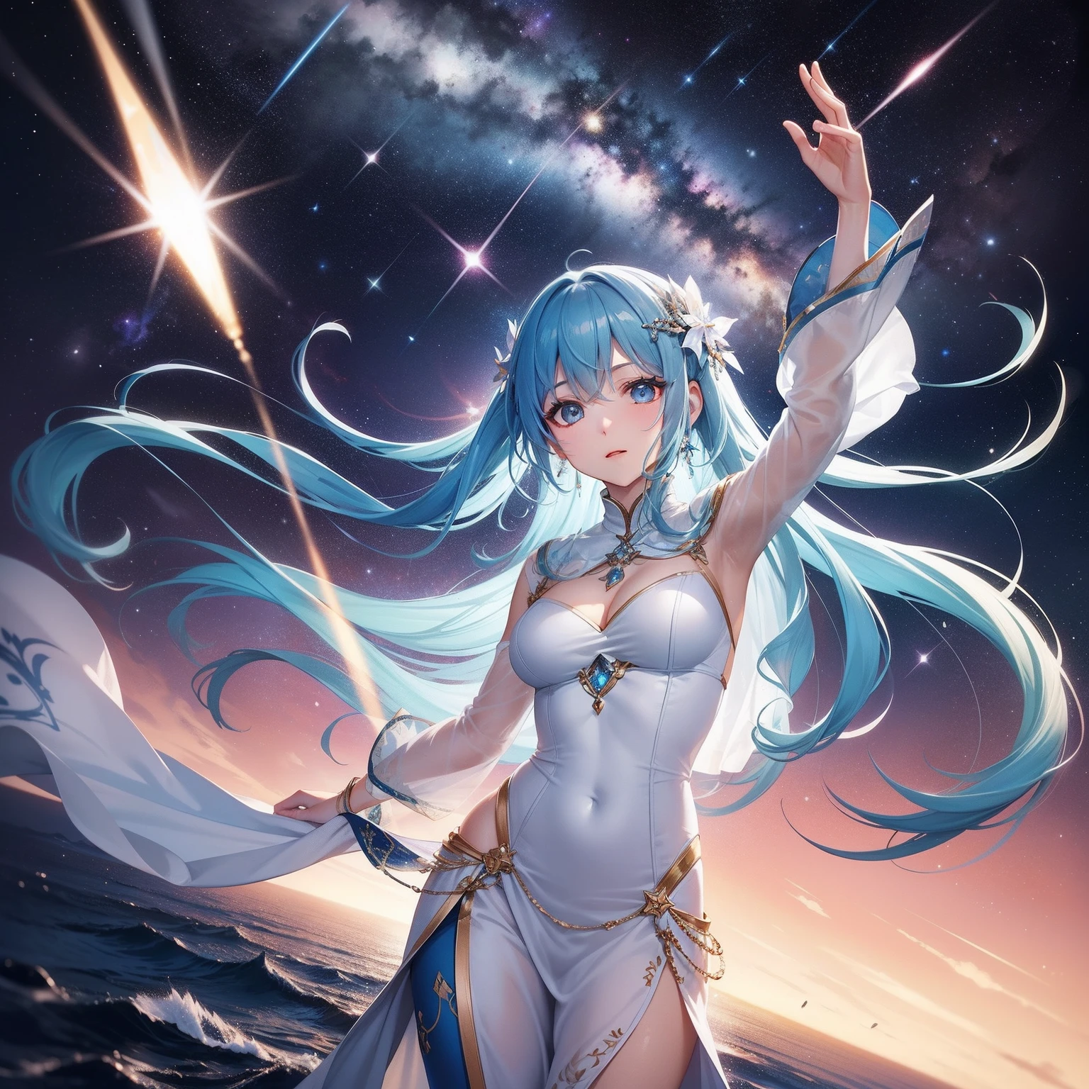 In the middle of space, The goddess is sailing in space in all its splendor. With her energy she lights her way, Her beauty brightens everything around her even brighter. Stars, All the beauty of the galaxy and the universe is around her. She wears beautiful white and blue fabric with incredible embroidery, Her endless sky blue hair seems to fly behind her. The light of the crystal is shining。