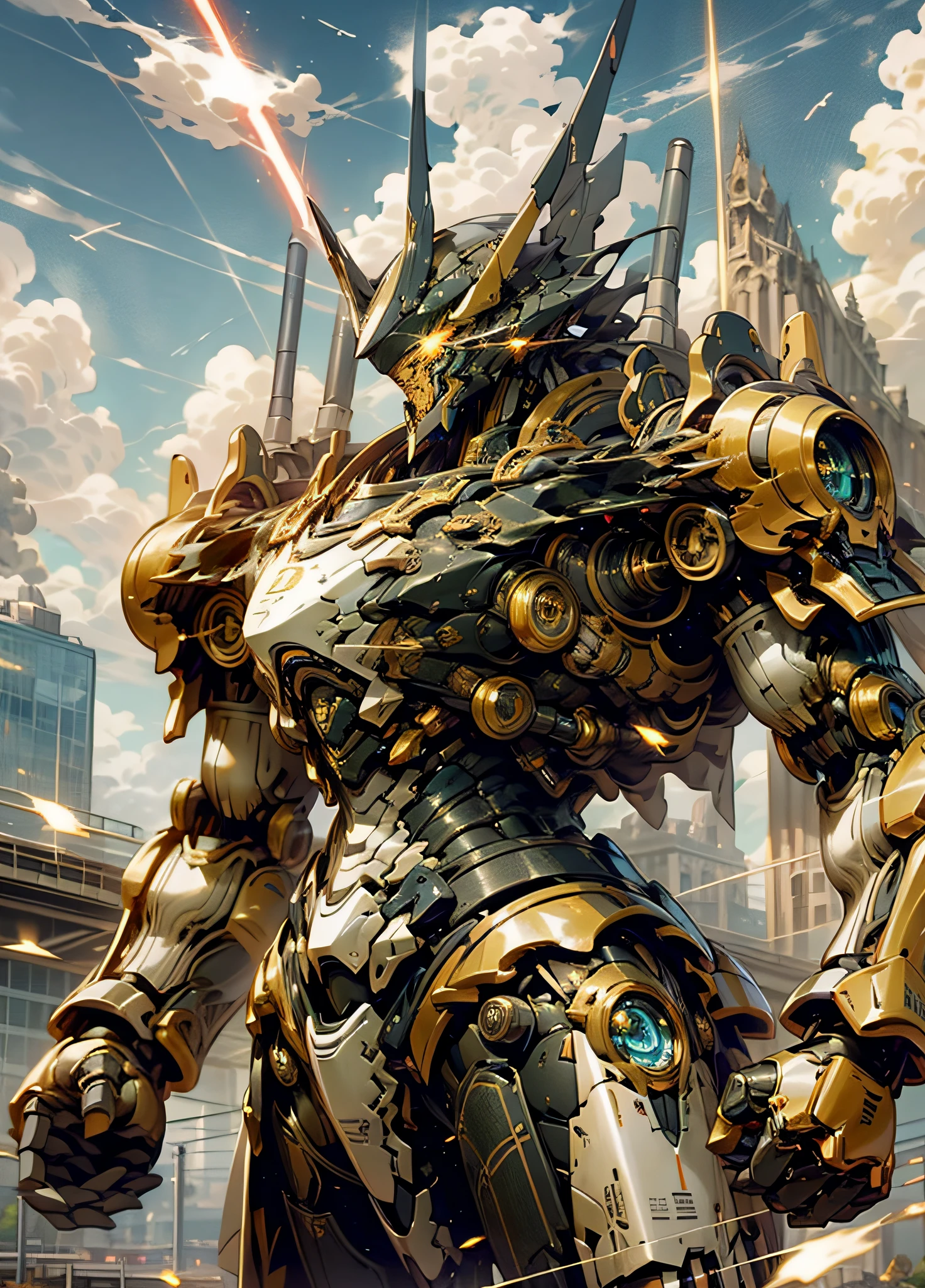 The sky, drifting clouds, mecha warrior lightsaber in hand, uninhabited, glowing with dazzling light, magnificent buildings holding the sky; Robots, dazzling eyes, the combination of heavy armor and machinery, advanced science and technology embodiment, the future world, full of unknowns and possibilities.