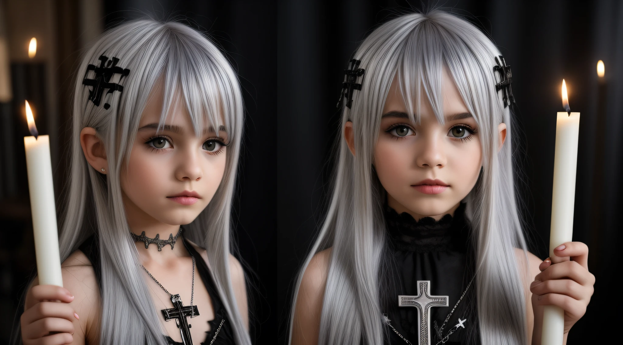 SILVER HAIR KIDS CABELO LONGO, Gothic cross, cruz, CROSSES WITH LIT CANDLES in hand.