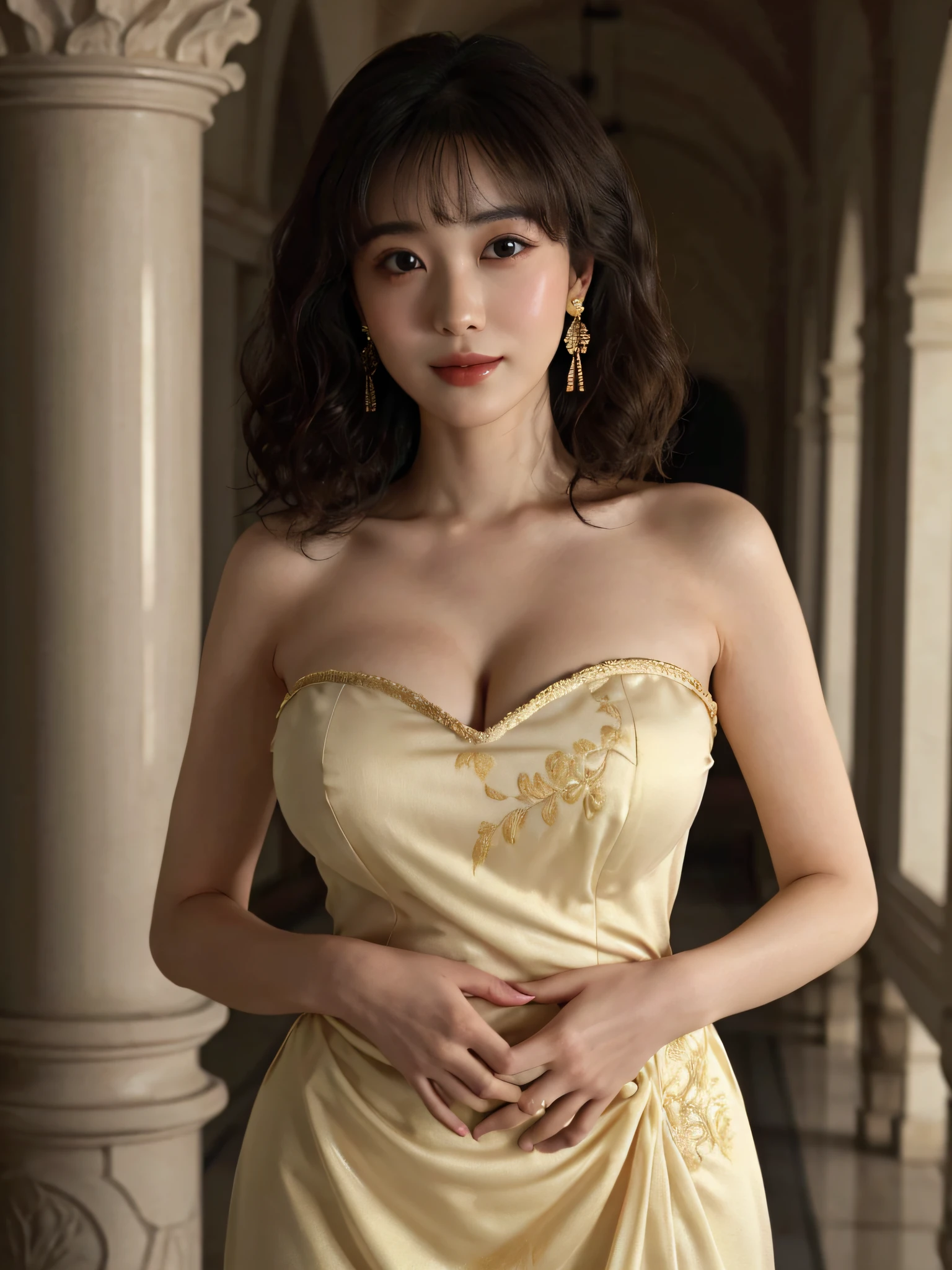 masutepiece, Best Quality, hight resolution, 1girl in, 
(Japanese beautiful girl:1.2), 
Professional Lighting, Physically-based rendering, Very cute, 
messy long hair, 
wavy bob, 
over shoulder,
swept bangs,
big eyes, black eyes,
extremely detailed eyes and face,
(eyes with beautiful details:1.2), 
, 45 years old, ssmile, princess dress, elegant white-yellow dress, 
Dress with a wide spread hem, golden embroidery, embroideries, Earring, 
Sensual costumes, Strapless, 
(large full breast(constricted hips:1.3), (Exposing breasts:1.2),ge of the brearuding chest,
pebody, beautiful body line, sexual excitement, Sexual expressietailed depiction oumes, 
resort hotel, Salon, dinner, Marble floor, Marble pillars, 
captured with a high-resolution lens like Nikon AF-S NIKKOR 85mm f/1.8G, hyper realistic, 8K, 
standing, Looking at the camera, close-up shot, side view