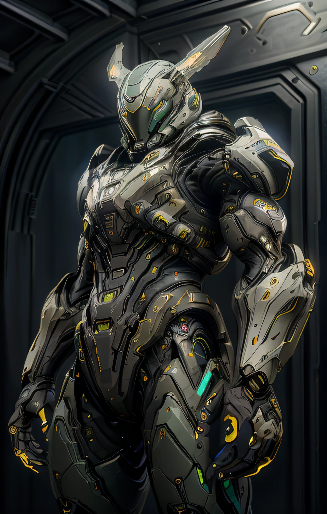 nousr robot masterpiece, Best quality, 8K, fantasy painting of beautiful cyborg man, warframe style, Black gold, Ultra detailed, Ambient light, voluminetric lighting, (Dark night:1.4) mars mountain, reflection of light, reflected lighting, Sharp focus, Fighting posture, Face focus