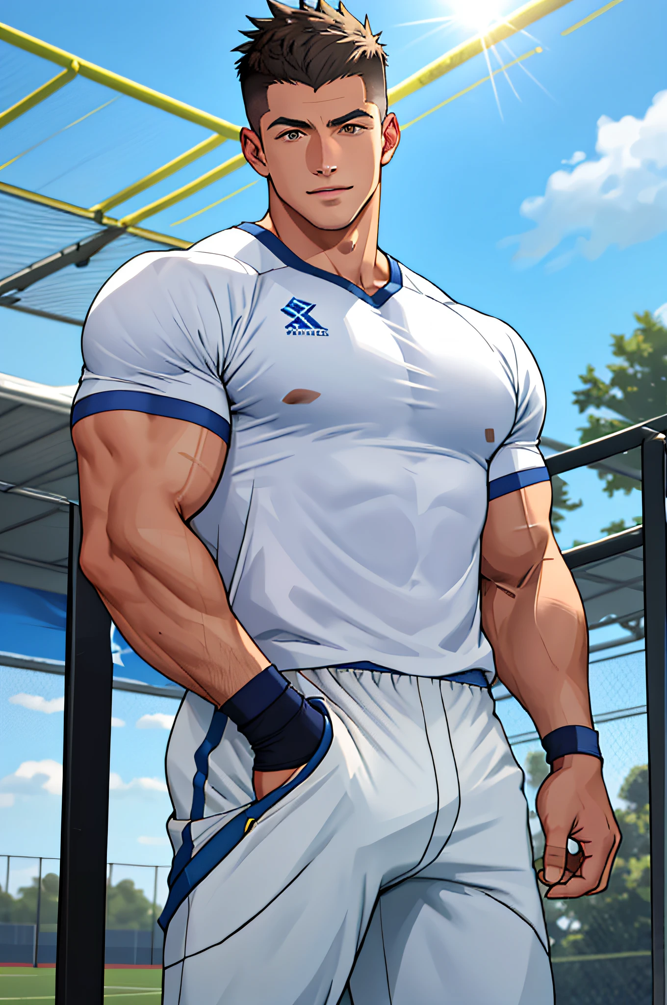 Draw a full-fledged athlete,Stand on the central field of the gym,He wears high-end sportswear,The man looks confident and determined,rays of sunshine,cheerful big breasts,Handsome,Crew cut,full bodyesbian,shooting from below,