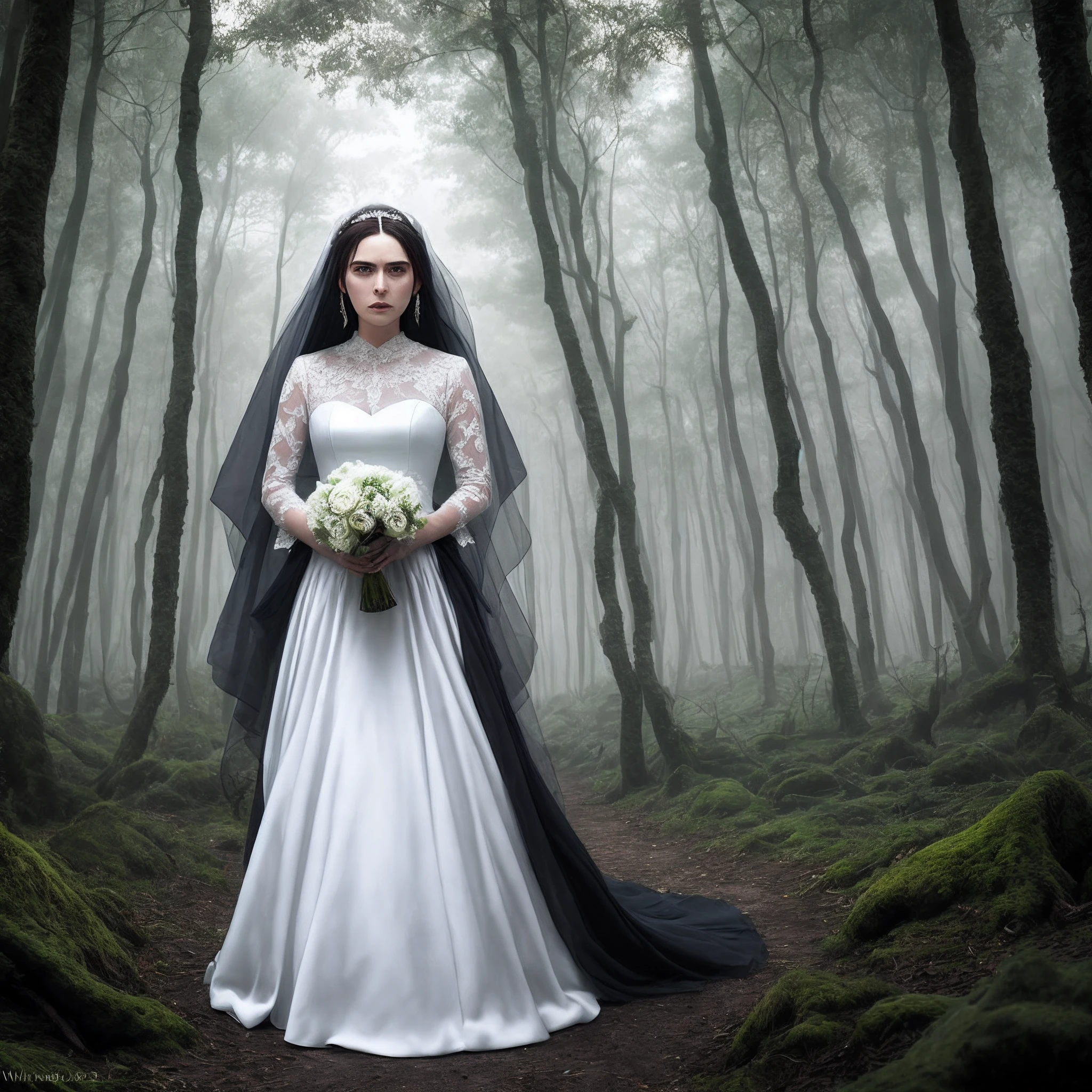 the dark forest，white wedding gown，Empty eyes，Blood，giant sword，