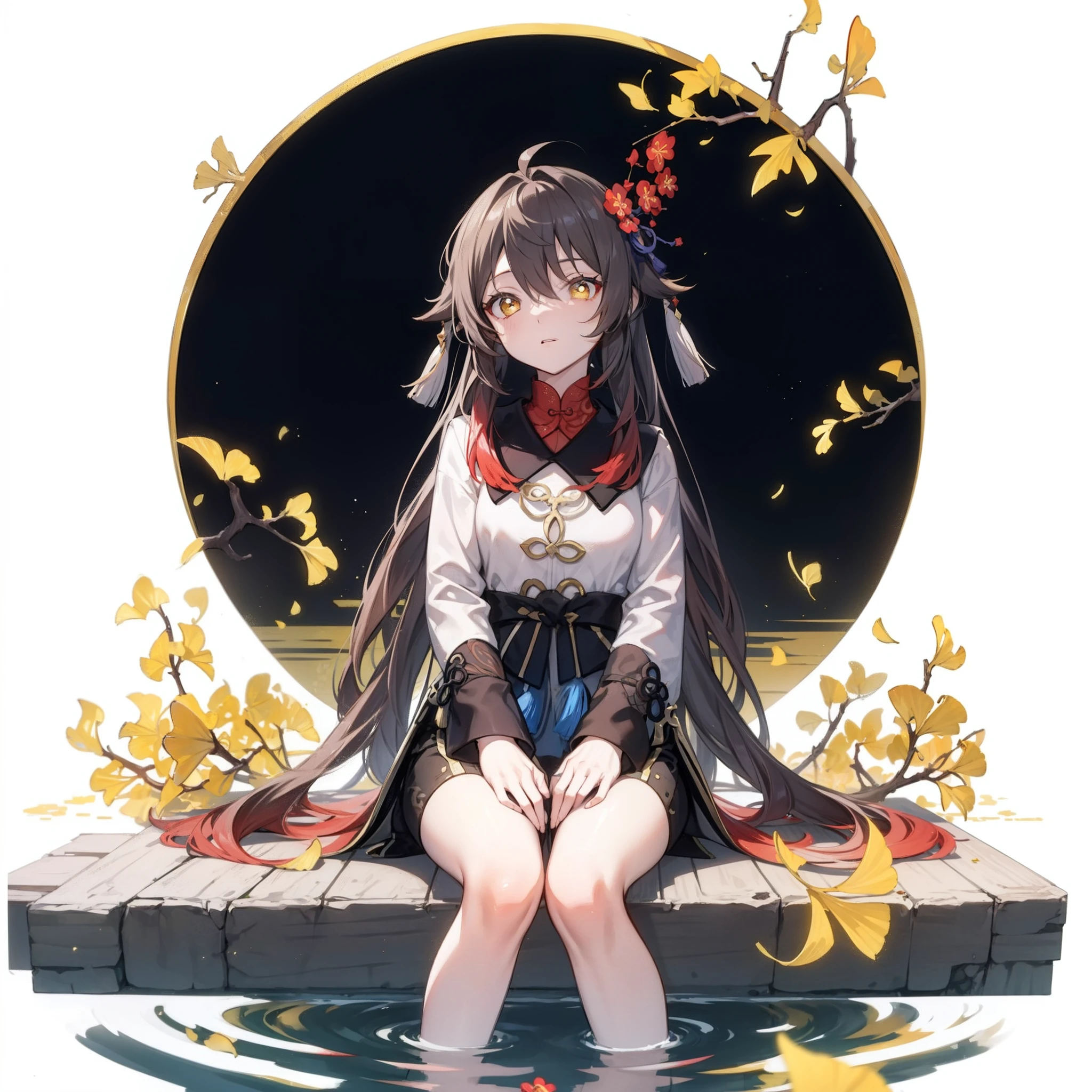 yellow Chinese ginkgo biloba leaves pattern white background, Hu tao from genshin impact, casual outfit, facing sideway, sitting, circle in the middle, long hair, water reflection,