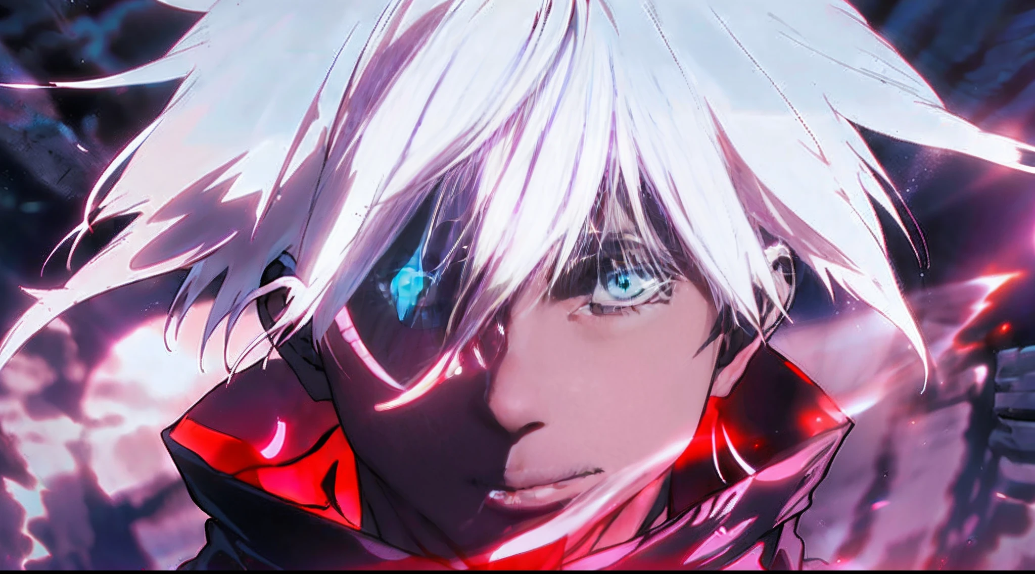 (Satoru gojo),obra maestra, mejor calidad, ultra detallado, absurdos, colorido, 1hombre, solo, (solid blue eyes: 1.0), (cabello blanco, cabello sobre un ojo), ojos detallados, ojos muy abiertos, lashes, (parte superior del cuerpo: 0.8), vista lateral, ojos brillantes, cabeza inclinada, noche, traje negro, horror, oscuro, fondo negro, mirando al espectador, alto contraste, Contre-Jour, (de pie: 0.8), aura, fondo fractal, caothic, espiral, cuernos de demonio, energy, mosaico, infierno,pose dinamica,Neckerchief,enfadado,mirada,particulas,luminoso,(ojos brillantes ultradetallados),poderes
