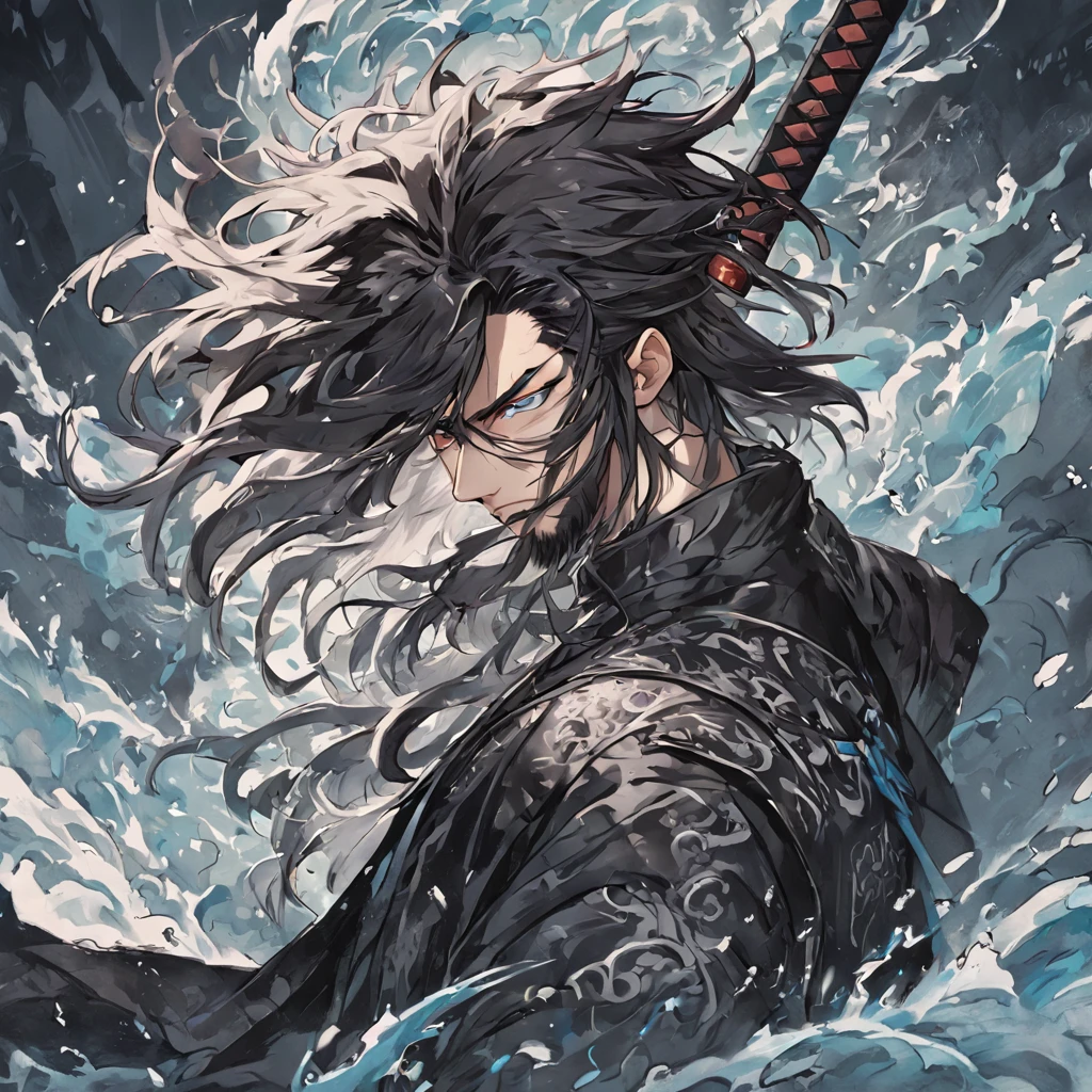 water ink,Oriental elements,Long-haired man,black andwhite,swords drawn,swordsman,Deities(Chinese illustration:1.3,paper art:1.3, Quilted paper art:1.2),( reasonable design, Clear lines, High sharpness,Best quality, Very detailed, Masterpiece, movie light effect, 4K )