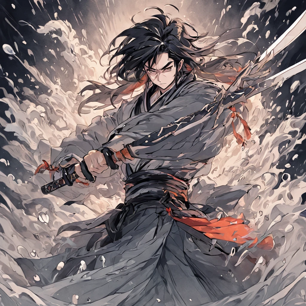 water ink,Oriental elements,Long-haired man,black andwhite,swords drawn,swordsman,Deities(Chinese illustration:1.3,paper art:1.3, Quilted paper art:1.2),( reasonable design, Clear lines, High sharpness,Best quality, Very detailed, Masterpiece, movie light effect, 4K )