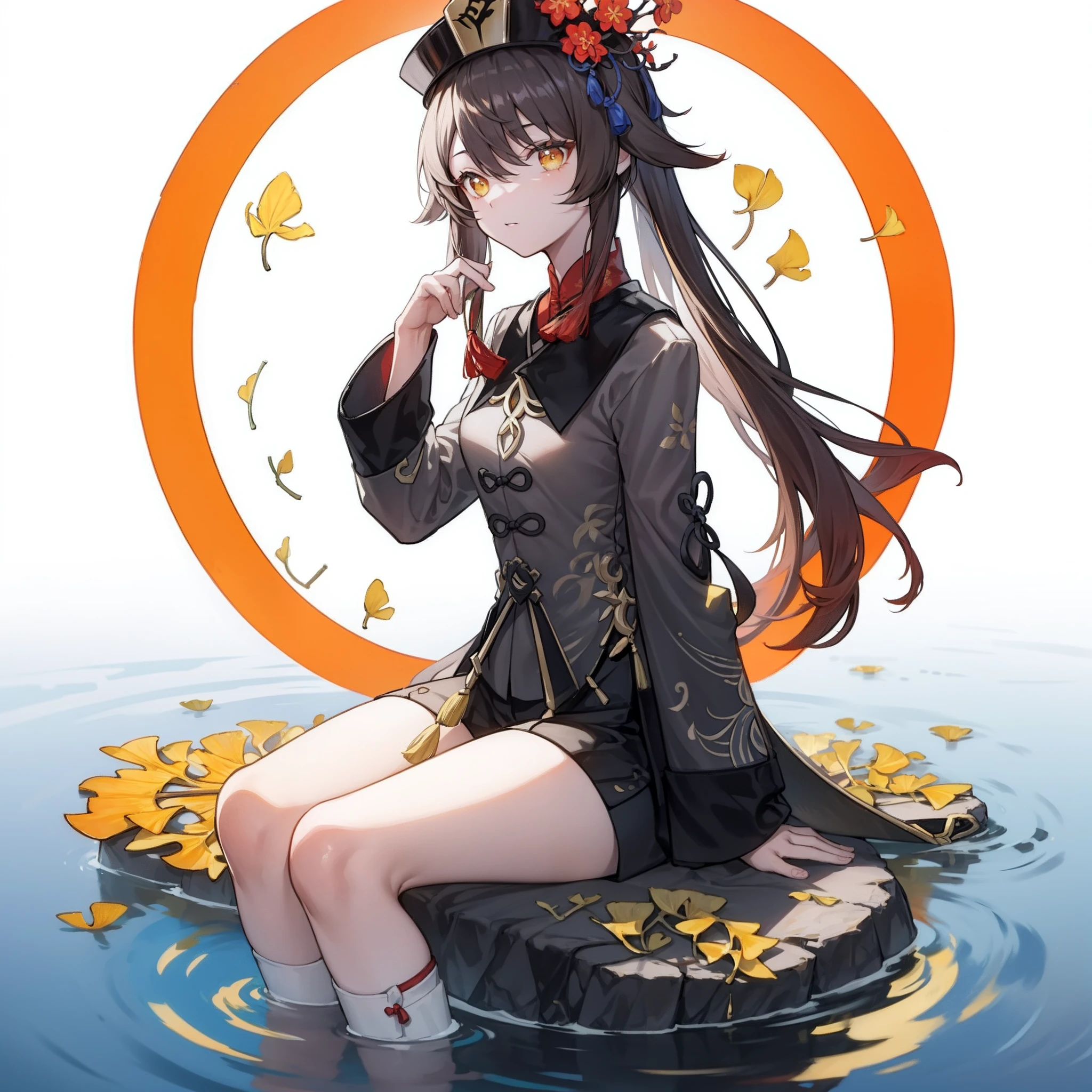 yellow Chinese ginkgo biloba leaves pattern white background, Hu tao from genshin impact, casual outfit, facing sideway, sitting, circle in the middle, long hair, water reflection,