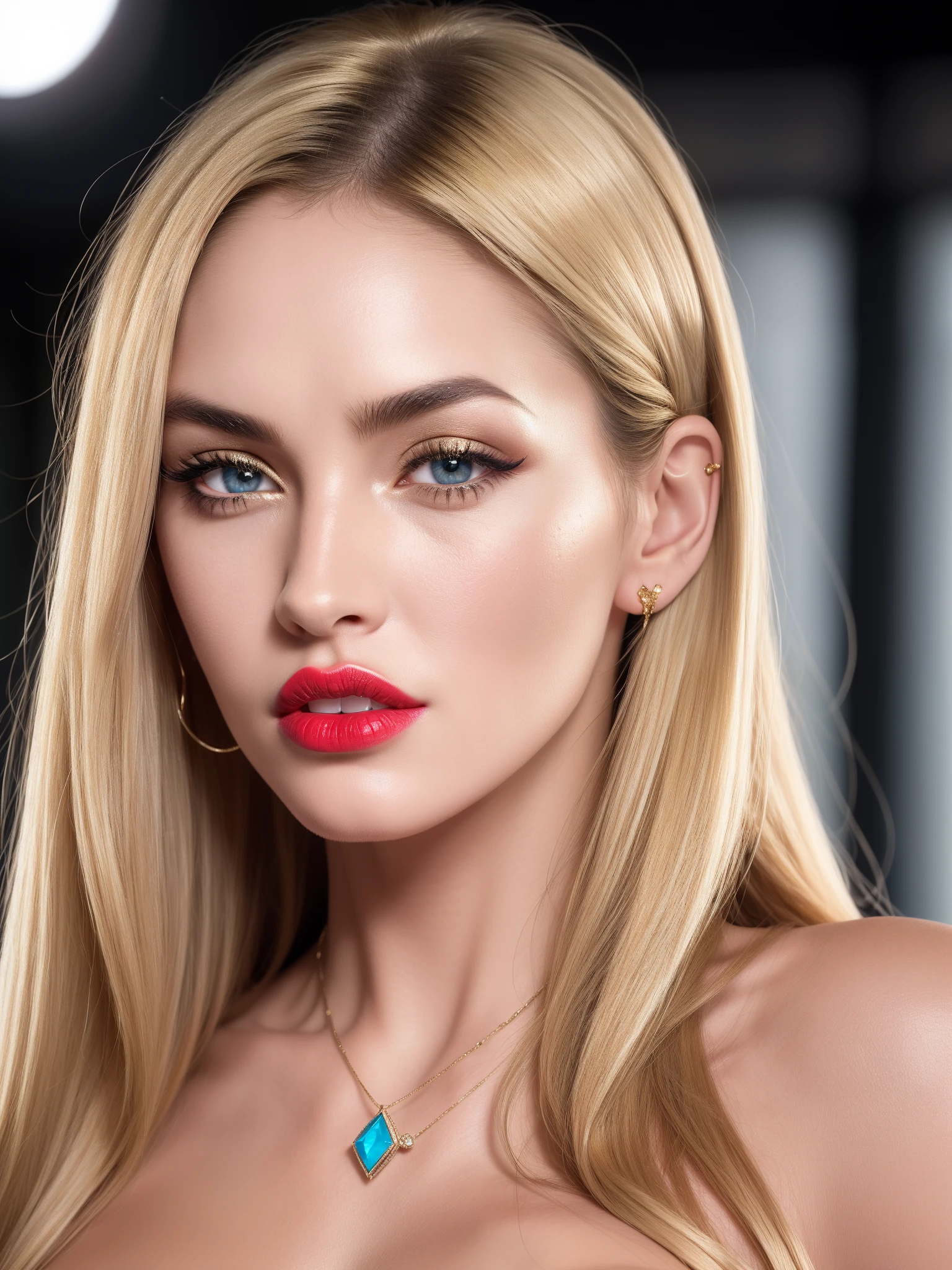 (1girl), (close-up:1.4), extreme res, (best quality:1.4), amazing masterpiece, photorealistic, realistic face, perfect beauty, (:Megan Fox face:1.05), medium messy hair, (thick hair), (ears hidden by hair), (:golden blonde hair:1.3), (:large blue eyes:1.2), eye reflections, focused pupils, symmetry eyes, (makeup), open forehead, thin thick eyebrows, long curved eyelashes, Slavic facial features, blush, elegant pendant, full lips, seductive lips, (bright red lips), (lipstick), ajar mouth, white teeth, gradient colors