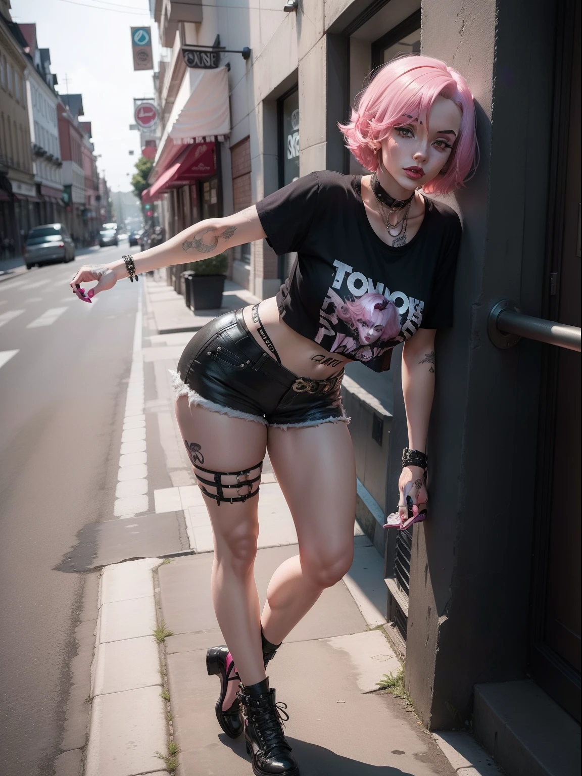 Photo of Marilyn Mono, sexy shorts and t-shirt, pink hairs, many black tattoes, tattoe on the neck, in the town, full body, modern outfit, interesting pose