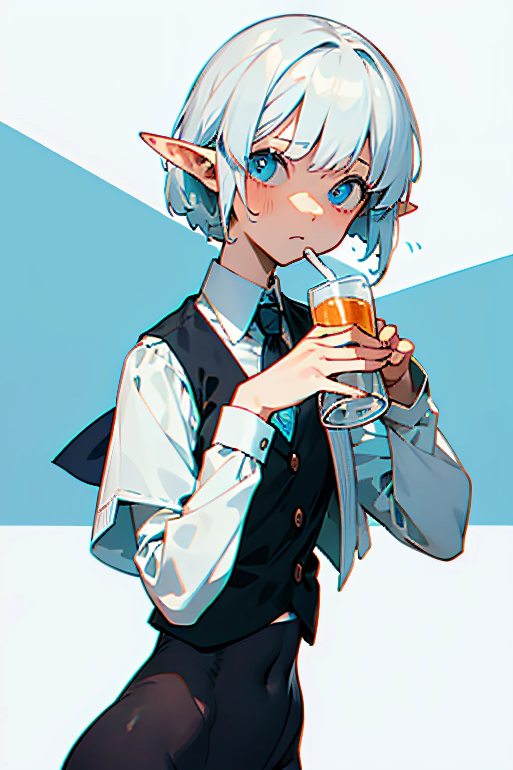 quadratic element,one-girl,Poor milk, body type,short detailed hair,Off-white hair,elvish ears,blue color eyes,Black tight vest,sweat shorts