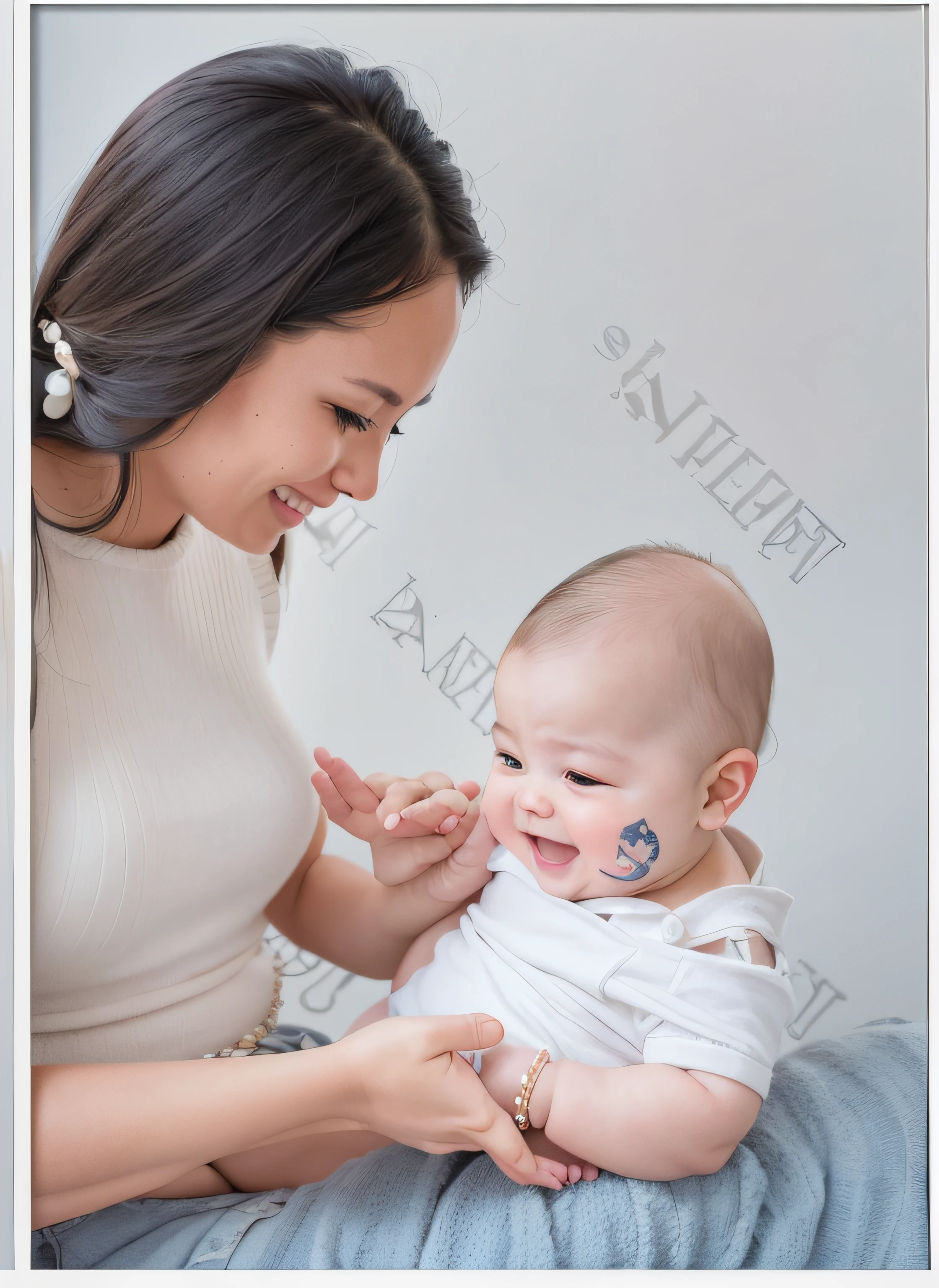 There was a woman holding a baby，smiling at camera, maternal photography 4 k, product introduction photos, Portrait image, 60mm portrait, F5.6, 8 5 mm photo, 8 0 mm photo, 7 0 mm portrait, backlight photo sample, portrait realistic photograph, high detail portrait photo, home photography portrait, F 5. 8, maternal