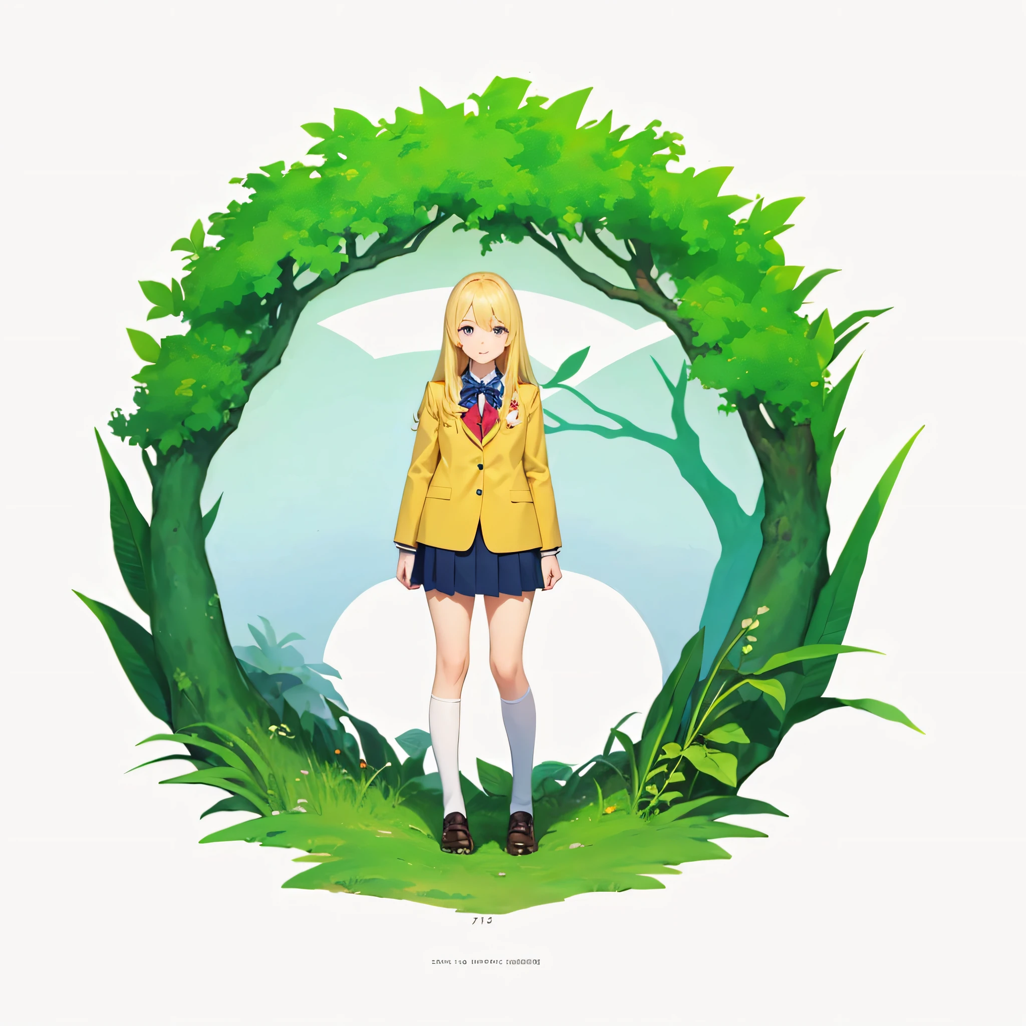 tmasterpiece,poster for,Ring tree background,Two-dimensional girl,14岁,Detailed eye depiction,Turn a blind eye,Full body like,blond hairbl,friendliness,Student uniform,greet,youthfulness,standing on your feet