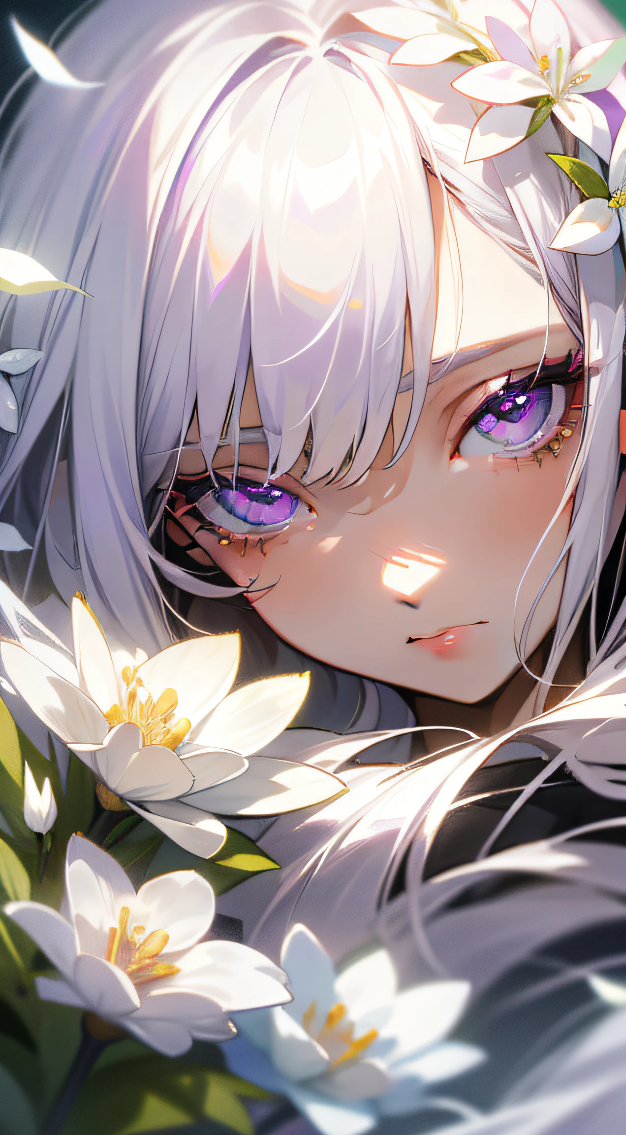 Close-up of the eyes of a woman with long silver-white hair，Silvery-white hair，Long hair scattered，Purple eye，Grass all kinds of flowers，Colorful，Light，Texture，bangs，Natural causes，Delicate and beautiful details，(Eye details），very detailed illustration