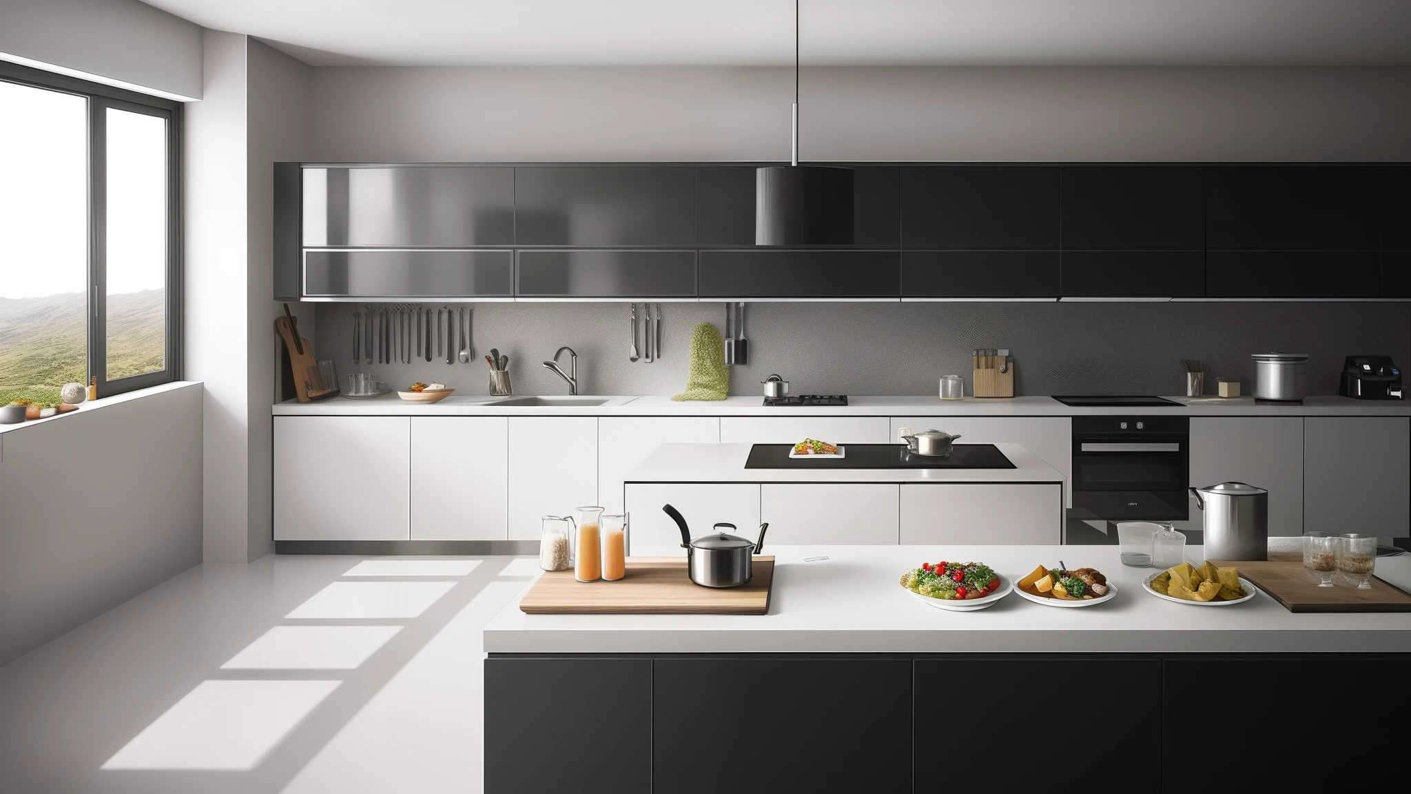 (Cinematic Photo:1.3) of (Realistic:1.3) , Panoramic view of the kitchen, clean and tidy kitchen with neatly arranged food,by Fred Marcellino,  professional food photography, art photography,overhead shot,panoramagram