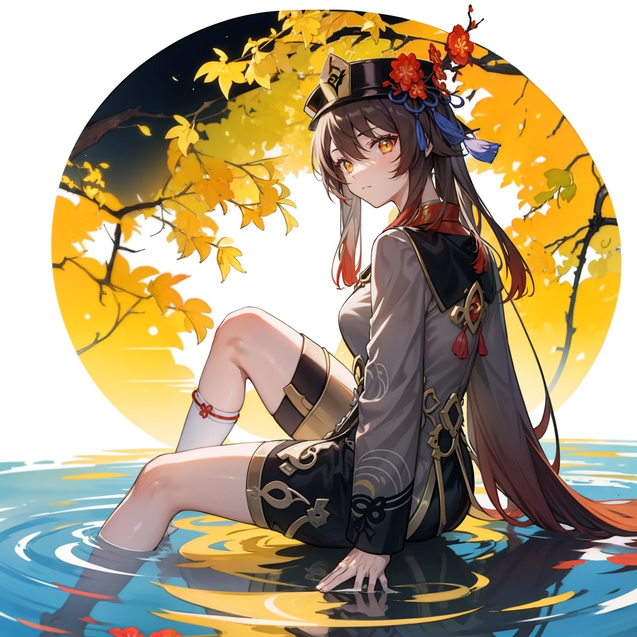 yellow Chinese ginkgo biloba leaves pattern white background, Hu tao from genshin impact, casual outfit, facing sideway, sitting, circle in the middle, long hair, water reflection,