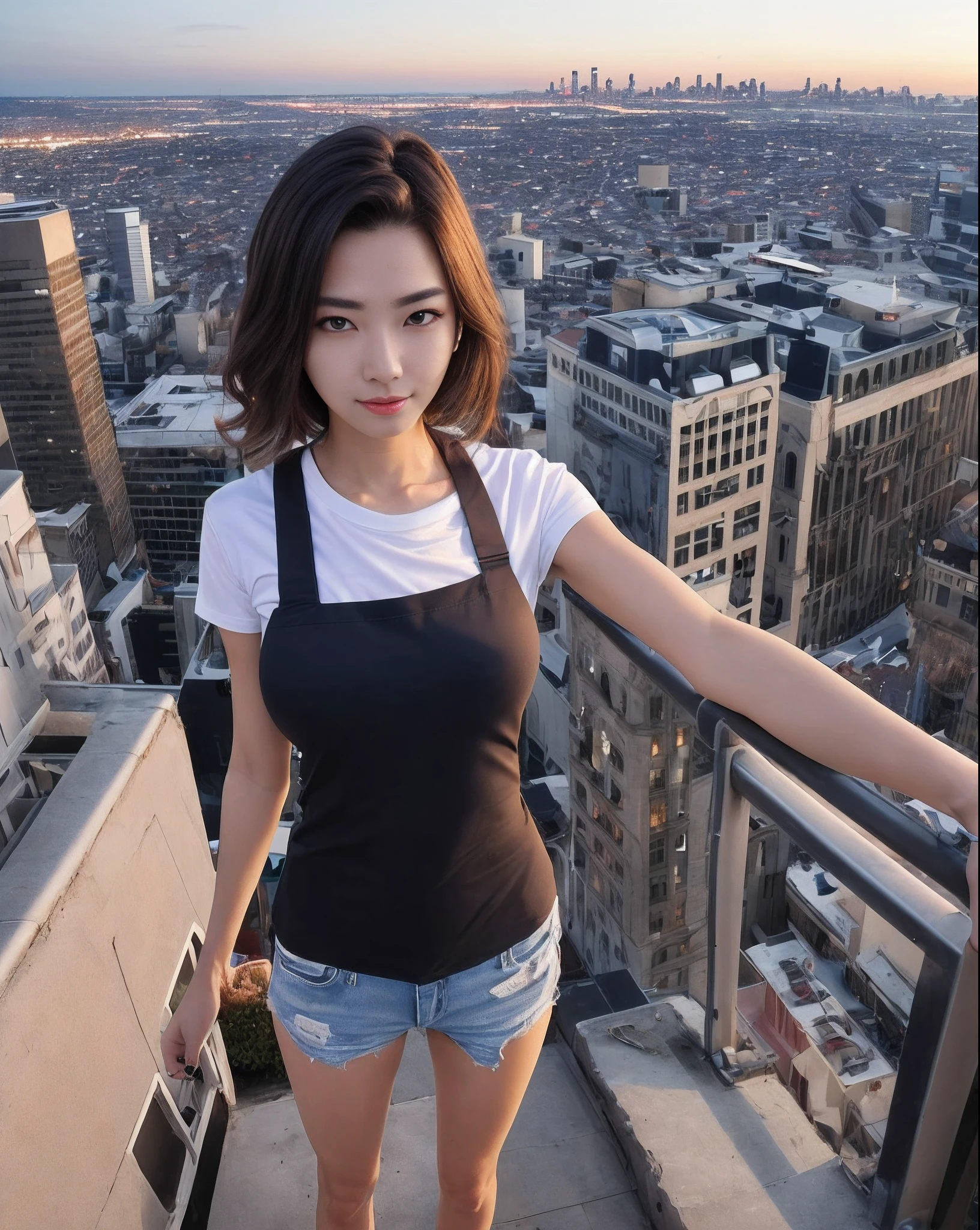 ((Midnight, Best quality, 8k, Masterpiece :1.3)), Whole body, Long legs, Sharp focus :1.2, A pretty woman with perfect figure :1.4, Slender abs :1.1, ((Dark brown hair, Big breasts :1.2)), (White tight tshirt, Jean bib, Standing:1.2), ((Night city view, Rooftop:1.3)), Highly detailed face and skin texture, Detailed eyes, Double eyelid