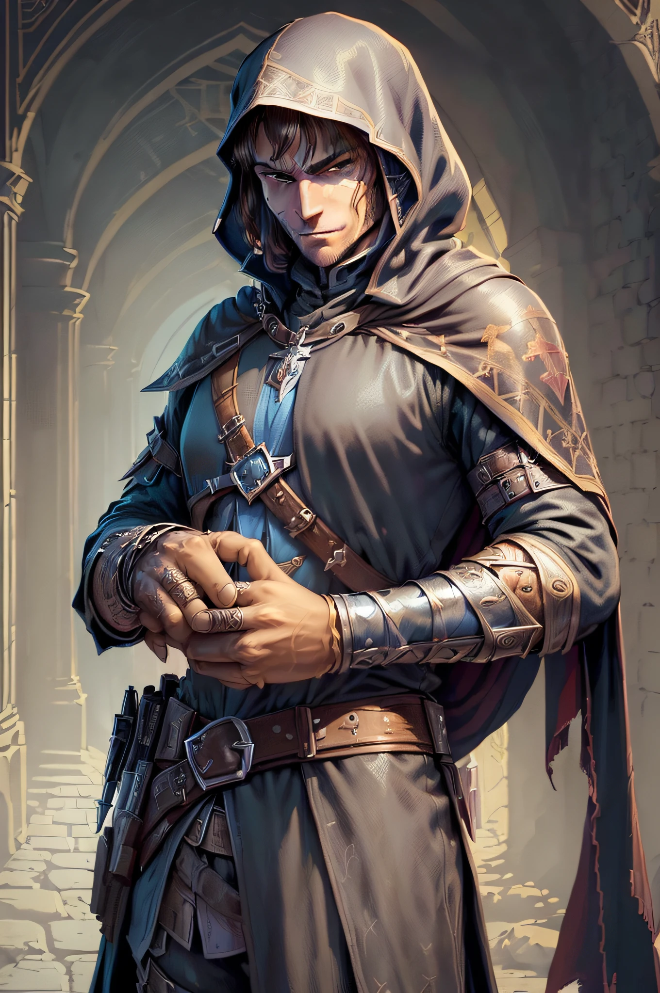(superfine illustration, Best Quality, Ultra-detailed, Correct delineation, Perfect fingers, Perfect hands, Medieval fantasy illust:1.5), (mysterious assassin provoke viewer, Male Focus, Solo, :1.5), grin at viewer, (is wearing assassin costume:1.5), town as background, night, view from guild building inside,