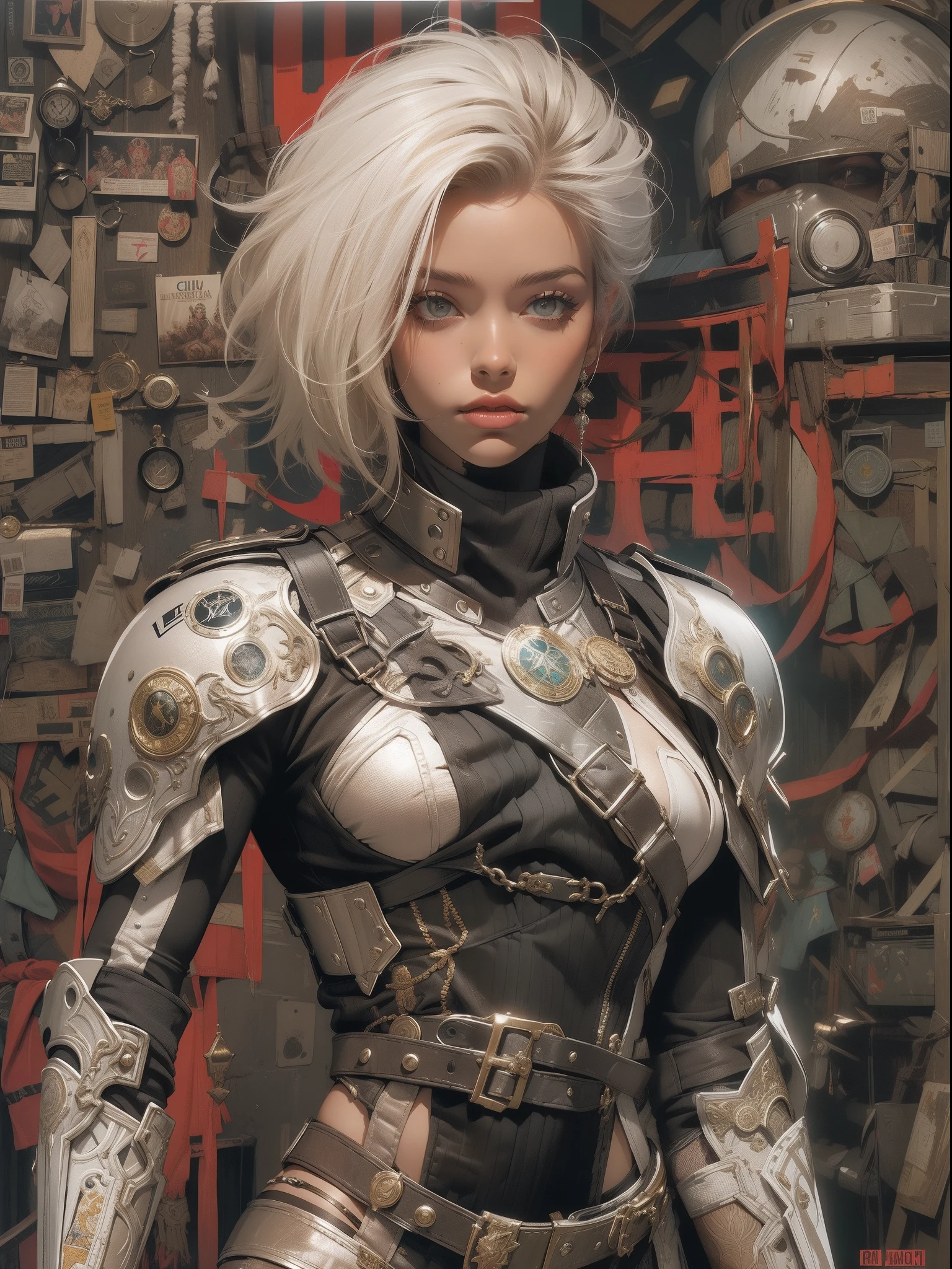(((mulher))), (((melhor qualidade))), (((obra prima))), (((adulto))), (((1girl))), ((( corte de cabelo bob ))), Uma gladiadora cyberpunk mulher de 25 anos com corpo perfeito, shoulder pads with metal spines, Gladiadores do Brooklyn, (( corte de cabelo bob )), tiny leather panties, camiseta de time de rugby rasgada, quase nua no estilo selvagem urbano de Simon Bisley para a capa da revista Heavy Metal, Cabelo loiro curto, Minimum clothing, Metal protection on the left arm with intricate graphics, Vermelho escuro com estrelas brancas e respingos de preto e branco, armadura, cheio de espinhos, (((do joelho pra cima))), cabelos loiro branco curto, no fundo uma parede pintada por Shepard Fairey com um design intrincado