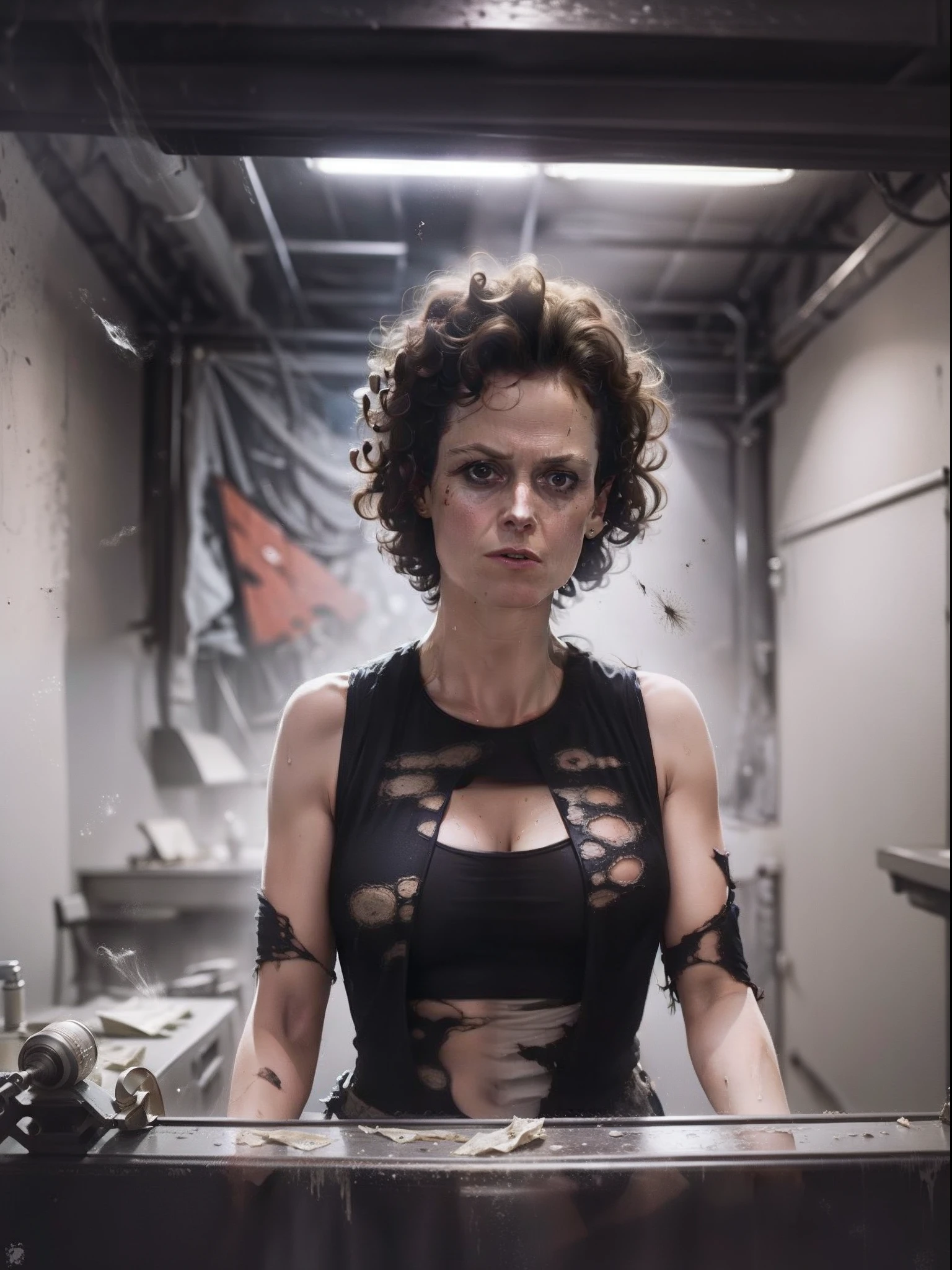 Helen Ripley (appearance: dark disheveled curls, abrasions on the face, sweaty ass) From the movie "strange", torn dirty clothes, aboard a spacecraft, Horror, gloomy atmosphere, Danger, ultradetail, hyper realisitc,  young Sigourney Weaver, Cinematic lighting, real-photo