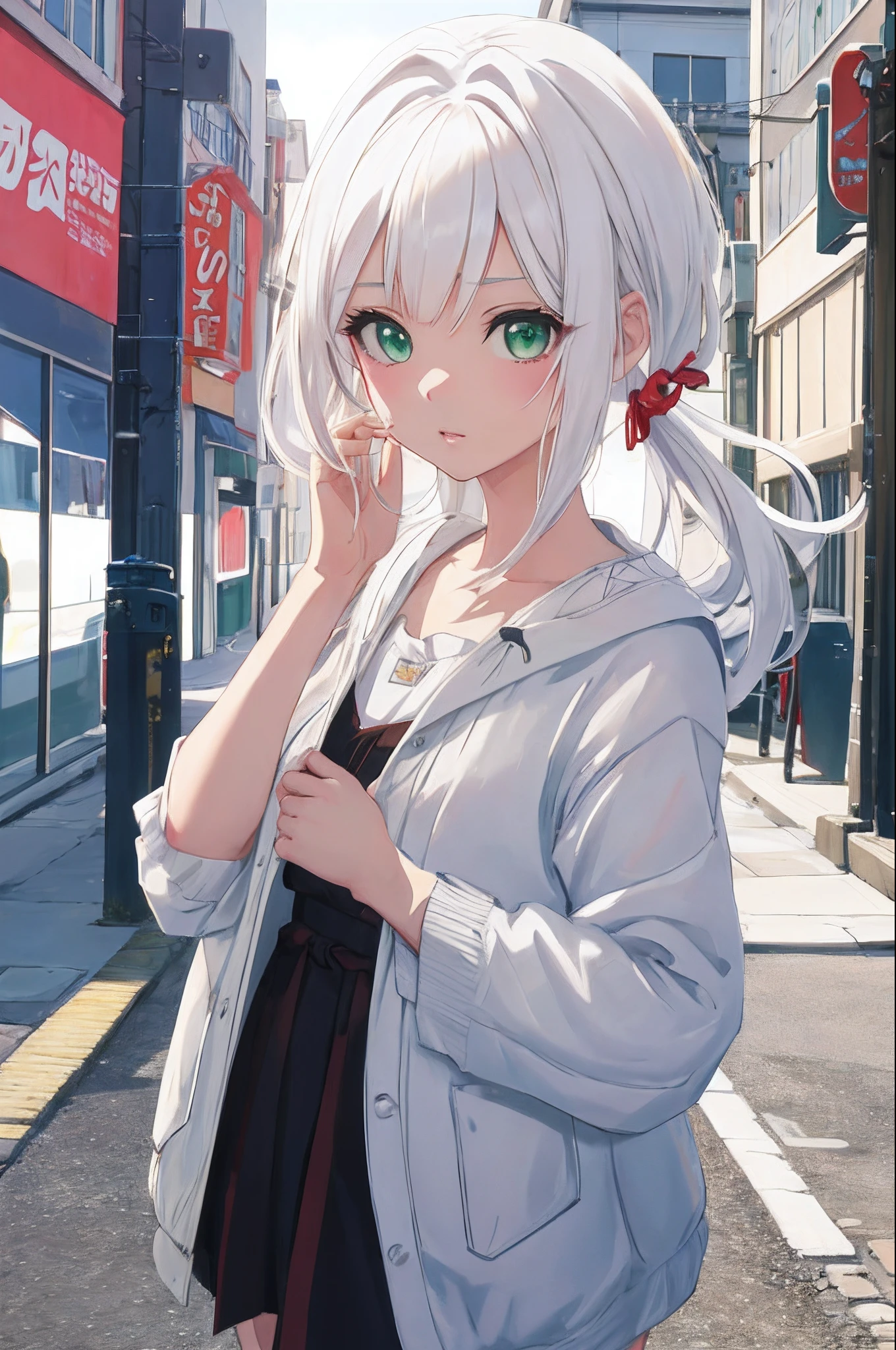 Anime girl with white hair and green eyes looking at the camera, pelo corto y trenzas cortas、Anime CG soft art, Anime estilo 3D, Anime style. 8k, Photorealistic rendering of Anime Girl, Hecho con Anime Painter Studio, Soft anime illustration, Retrato realista kawaii, Estilo realista de anime 3D, Anime detallado Soft Face, Render de una linda chica de anime 3D, Retrato suave, Anime estilizado、(fondo blanco:1.4), Texto original en,(ilustratio:1.1),(Calidad de imagen superior),(obra maestra:1.1),(Fondo de pantalla 8k unificado CG ultrafino), (colorido:1.2) (salpicaduras de tinta),(salpicaduras de color),((Paiting de acuarela)), (Urban backdrop、Edificios de gran altura)、clear sharp focus、 colorwater、