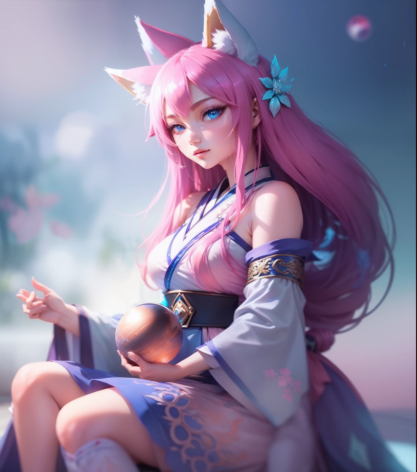 Best quality,head,original_outfit,clear details,masterpiece, best_quality, clear details,1 girl,((white and dark pink and blue hanfu)), blue accent color ,detailed skin texture,detailed cloth texture, beautiful detailed face, ultra detailed,photorealism, clear pupils, clear face,full body, beautiful girl, ancient china, bright pink hair, blue eyes, fox ears, ahri , league of legend, one hand rise up, holding magic energy ball,nine tailed fox beauty, sitting