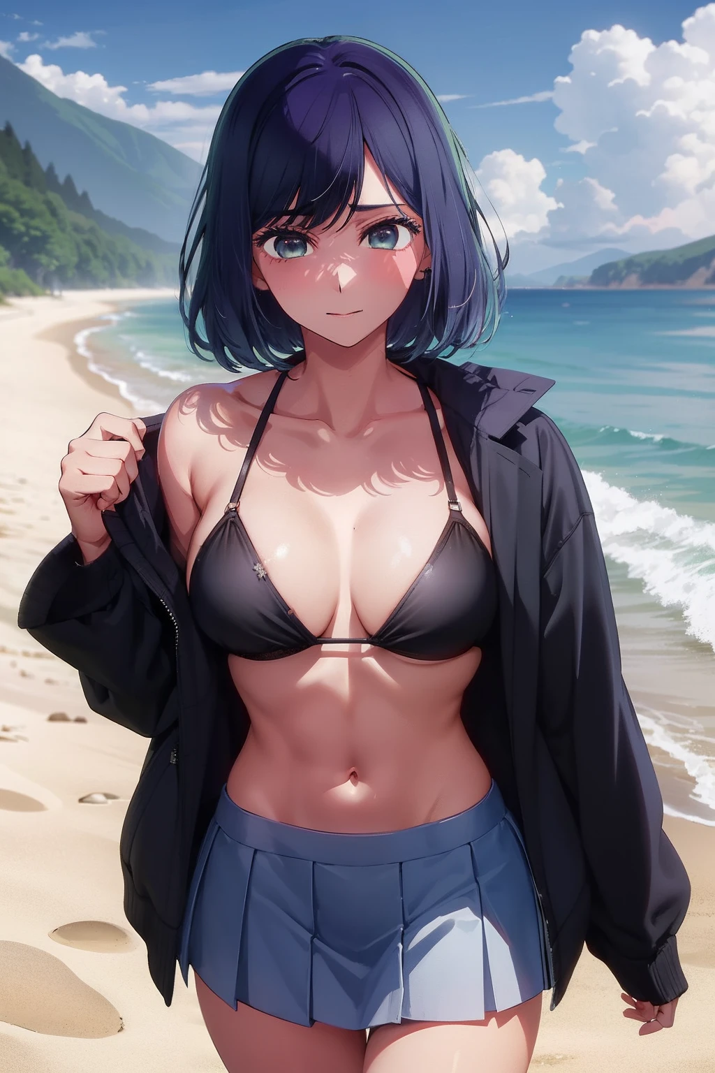 Akane Kurokawa,blaues Haar,hot,sexy,beautiful,Perfect Body,1girls,big boobs,Meisterwerk,Perfektes Gesicht,ausdrucksstarkes Gesicht,strand,bikini top,short skirt,young,not tall,small tighs,short,18 years old,beach,big tits,lust,horny,No Jacket,skinny,small waist,Big Breast,Skinny,shiny skin,No Jackets,