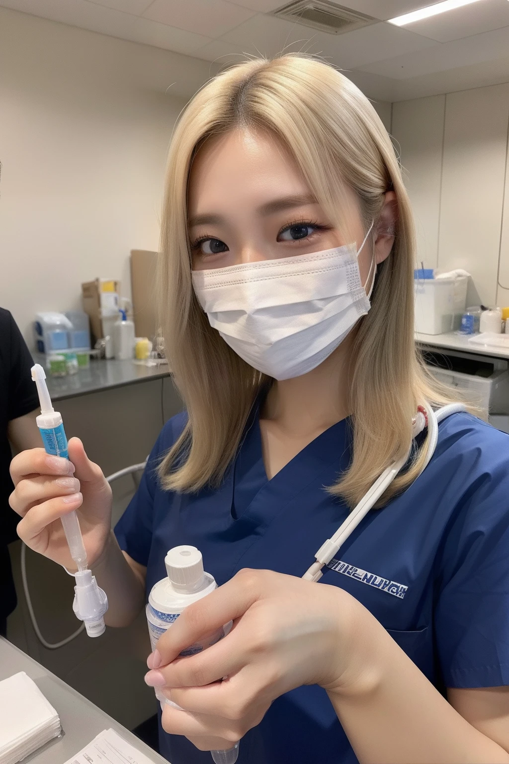 Woman in blue shirt、surgical mask、With ciszar, surgeon, holding a syringe, holding syringe, with an iv drip, nurse girl, ross tran 8 k, healthcare worker, surgicalIV, 8K selfie photo, Nurse, surgical mask covering mouth, hyper realstic, (doctor)、((blondehair))、Highly detailed facial and skin texture、A detailed eye、二重まぶた、((top-quality、8k、masterpiece:1.3))