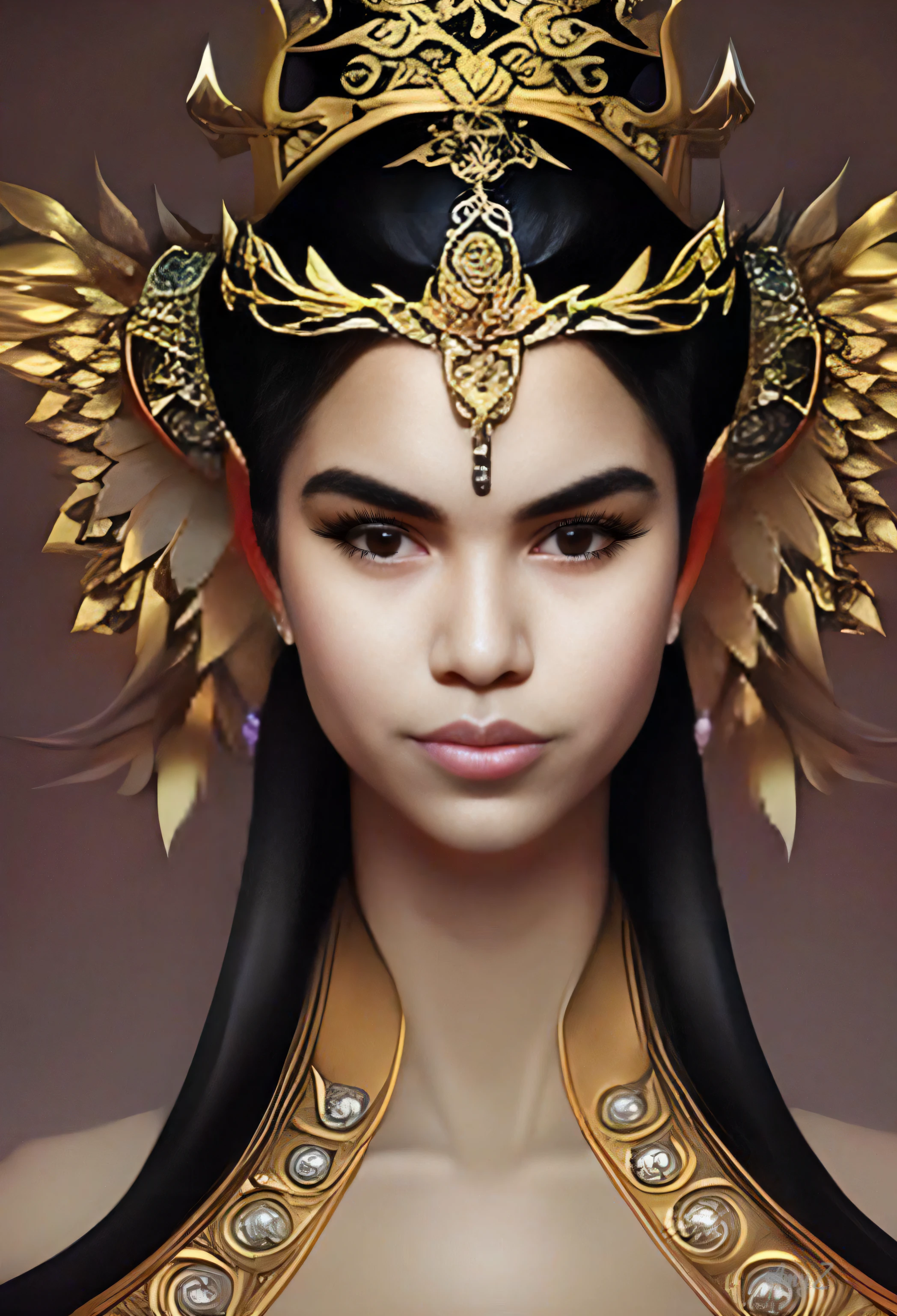 um close up de uma mulher usando uma coroa de ouro e cabelo preto, uma bela imperatriz fantasia, ((uma bela imperatriz fantasia)), Retrato de Darna moderno, gold wings on head, Retrato de uma bela deusa, Um retrato impressionante de uma deusa, cocar de ouro intrincado, Modelo IG | Artgerm, Retrato CGSetivity, retrato bonito da arte da fantasia, retrato de fantasia digital