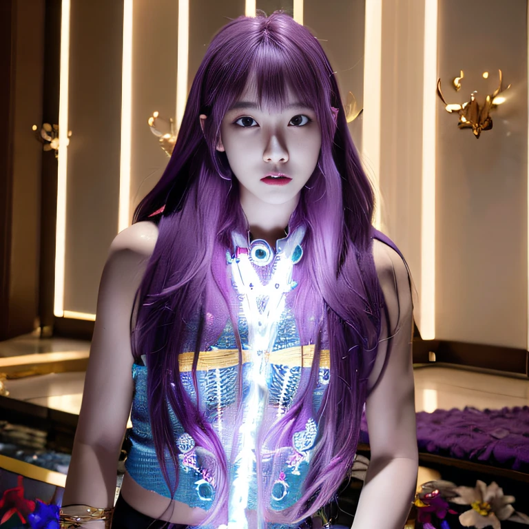 32K（tmasterpiece，k hd，hyper HD，32K）Long flowing bright purple hair，Autumn Pond，zydink， a color， Asian people （Kizi）， （Silk scarf）， Combat posture， looking at the ground， long whitr hair， Floating bright purple， Fire cloud pattern gold tiara， Chinese long-sleeved gold silk garment， Jump up（abstract ink splash：1.2）， white backgrounid，Lotus protector（realisticlying：1.4），Bright purple hair，Smoke on the road，The background is pure， A high resolution， the detail， RAW photogr， Sharp Re， Nikon D850 Film Stock Photo by Jefferies Lee 4 Kodak Portra 400 Camera F1.6 shots, Rich colors, ultra-realistic vivid textures, Dramatic lighting, Unreal Engine Art Station Trend, cinestir 800，Long flowing bright purple hair