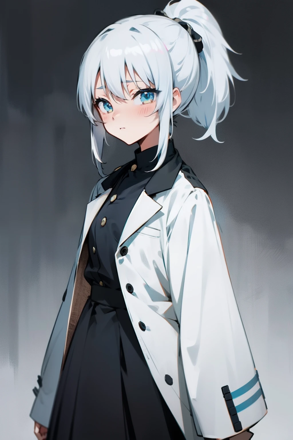 Anime girl with white hair and black top with ponytail, Girl with short white hair, flat anime style shading, Silver hair (pony tails), anime style character, subtle anime style, silber hair, Silver hair girl, Girl with white hair, anime moe art style, clean and meticulous anime style, style of anime, in an anime style, Anime style portrait, Flat anime style, white haired Cangcang