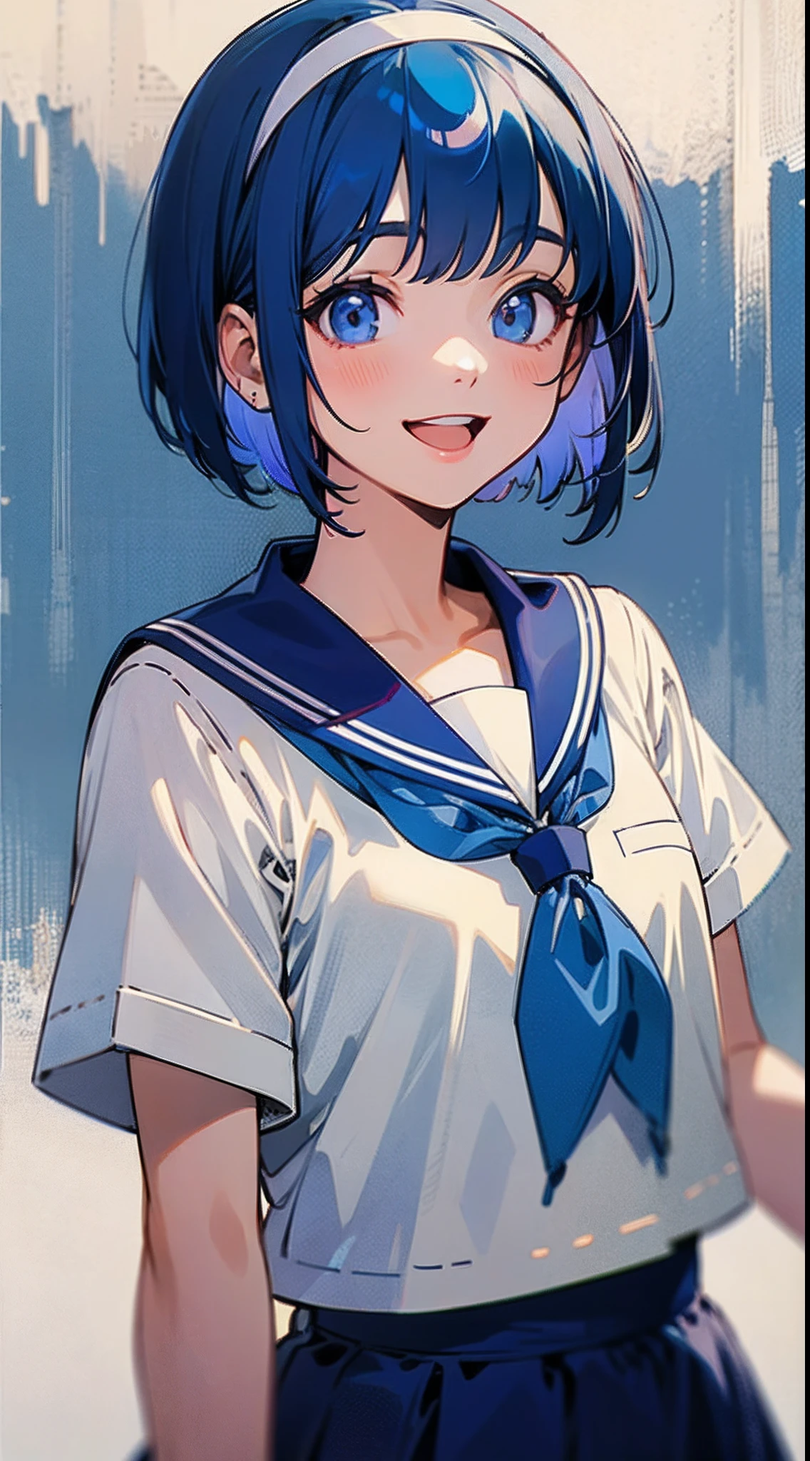 Dark blue hair、bob cuts、white hairband、Show your teeth and smile、White sailor suit、School uniform with short sleeves、symple background、high-level image quality