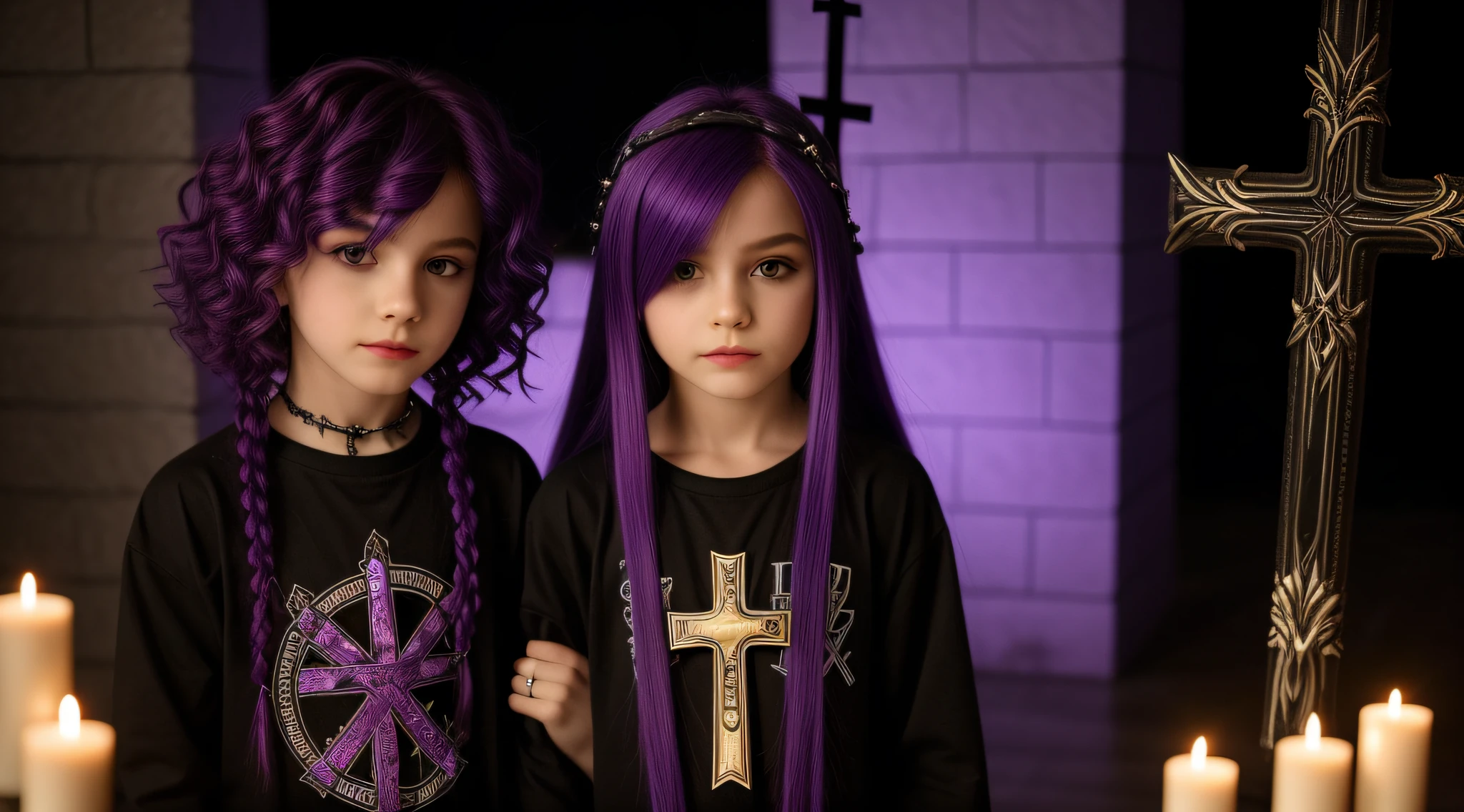 PURPLE HAIR KIDS CABELO LONGO, Gothic cross, cruz, CROSSES WITH LIT CANDLES in hand.