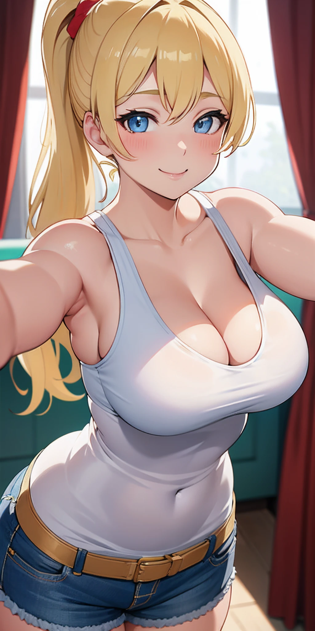 (Best quality:1.3), blonde ponytail busty, tight camisole, shorts, standing, cleavage, (pov, close shot), smiling, blushing:1.3