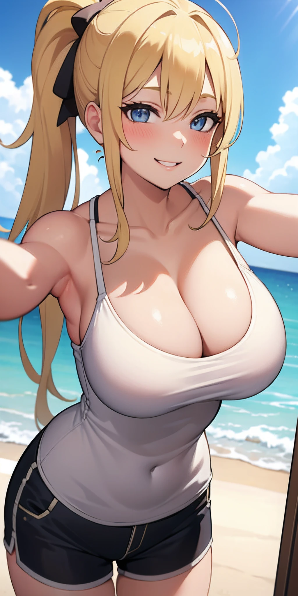 (Best quality:1.3), blonde ponytail busty, tight camisole, shorts, standing, cleavage, (pov, close shot), smiling, blushing:1.3