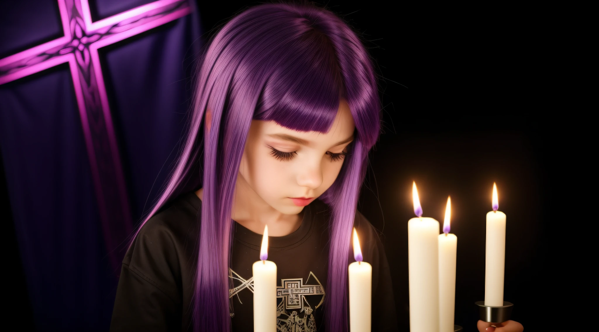 GIRLS CHILDREN, BLONDES WITH VERY LONG STRAIGHT GOTHIC HAIR, PURPLE BACKGROUND., BACKGROUND OF CROSSES. PRAYING WITH FIRE CANDLES IN HAND.