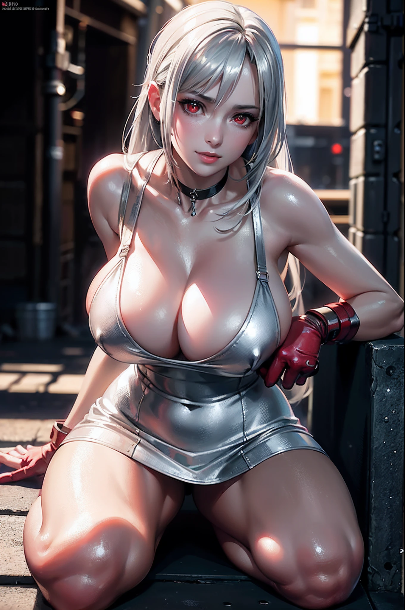 (8k, best quality, masterpiece:1.2), (realistic, photo-realistic:1.37), ultra-detailed, 1 girl,cute, solo, (tifa lockhart), (huge breasts:1.5),(beautiful detailed eyes), (smile:1.2), (closed mouth), erotic pose, dancing, outside an industrial factory, depth of field, dark intense shadows, sharp focus, depth of field, good composition, green glowing light, Final Fantasy VII, (silver dress:1.3), (black choker) full body, head rest, lips, pretty face, low-tied long hair, ((red_eyes:1.2)), (night:1.3), intricate, bokeh, cinematic lighting, photon mapping, radiosity, physically-based rendering, (Tetsuya Nomura style), nsfw, perfect breasts